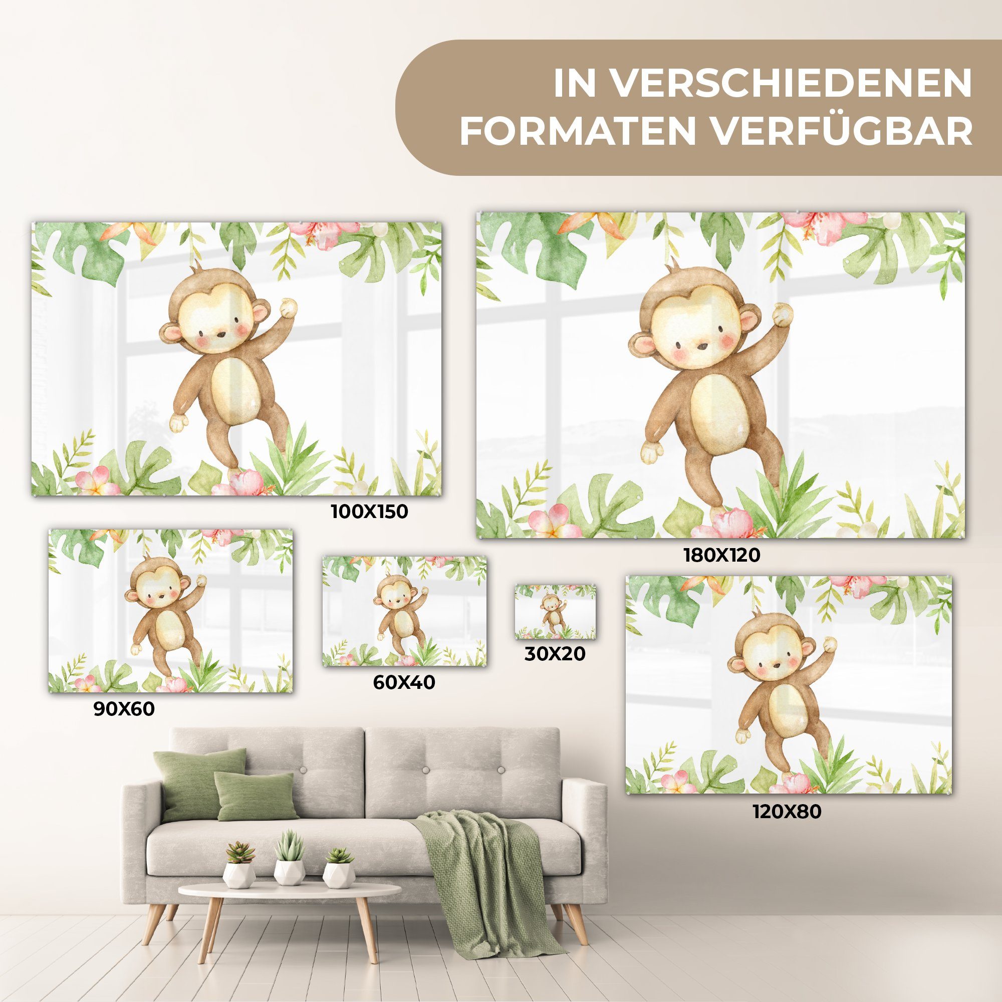 Wandbild Affe (1 - Aquarell, - Glas St), Glas Glasbilder - auf - auf Acrylglasbild MuchoWow - Foto Wanddekoration Bilder Dschungel