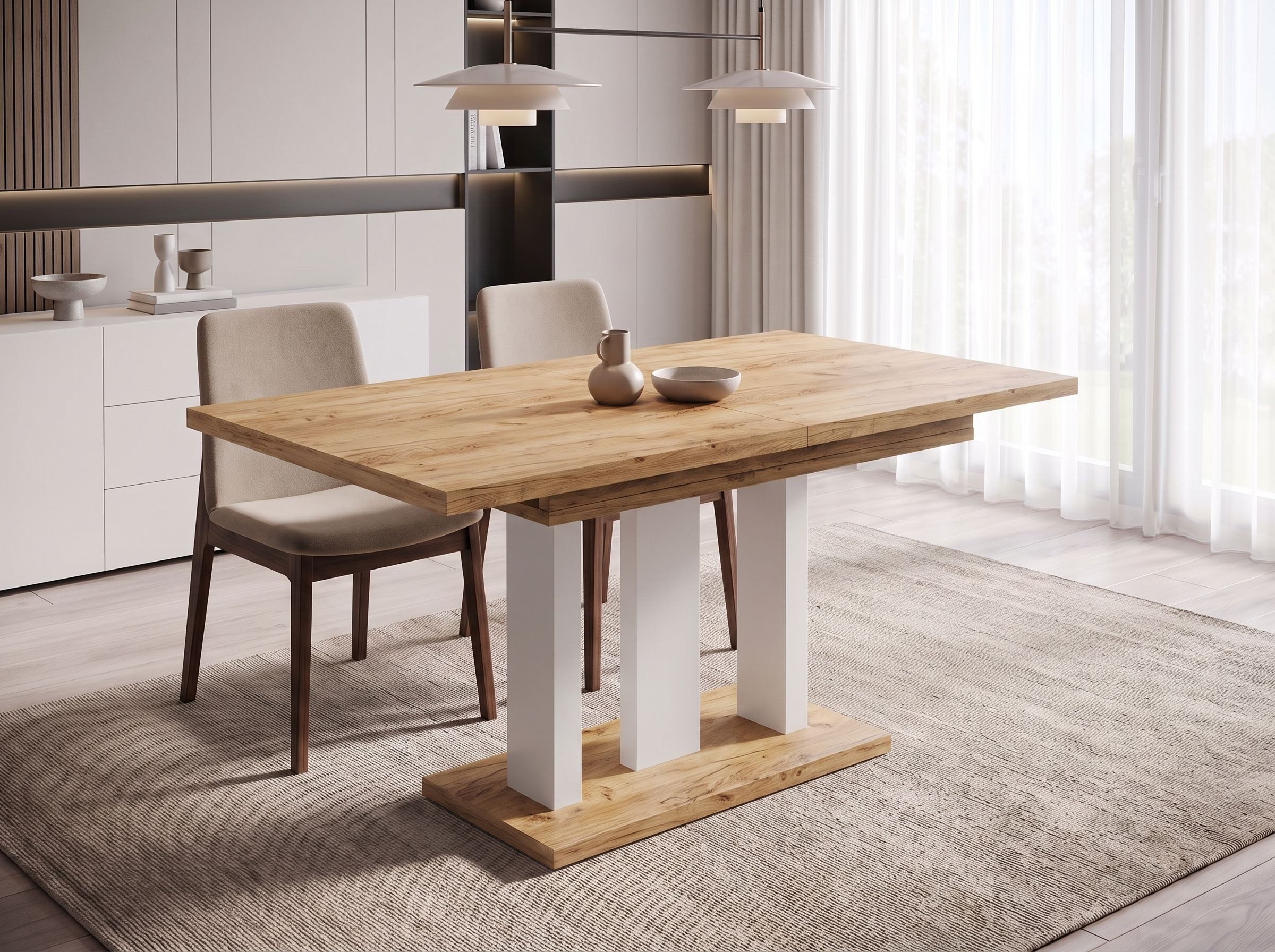 Endo-Moebel Säulen-Esstisch "Appia White" 130-210cm ausziehbar, erweiterbar, modern (1 Tisch), 2 Erweiterungsplatten, für 4, 6 oder 8 Personen, weiße Beine