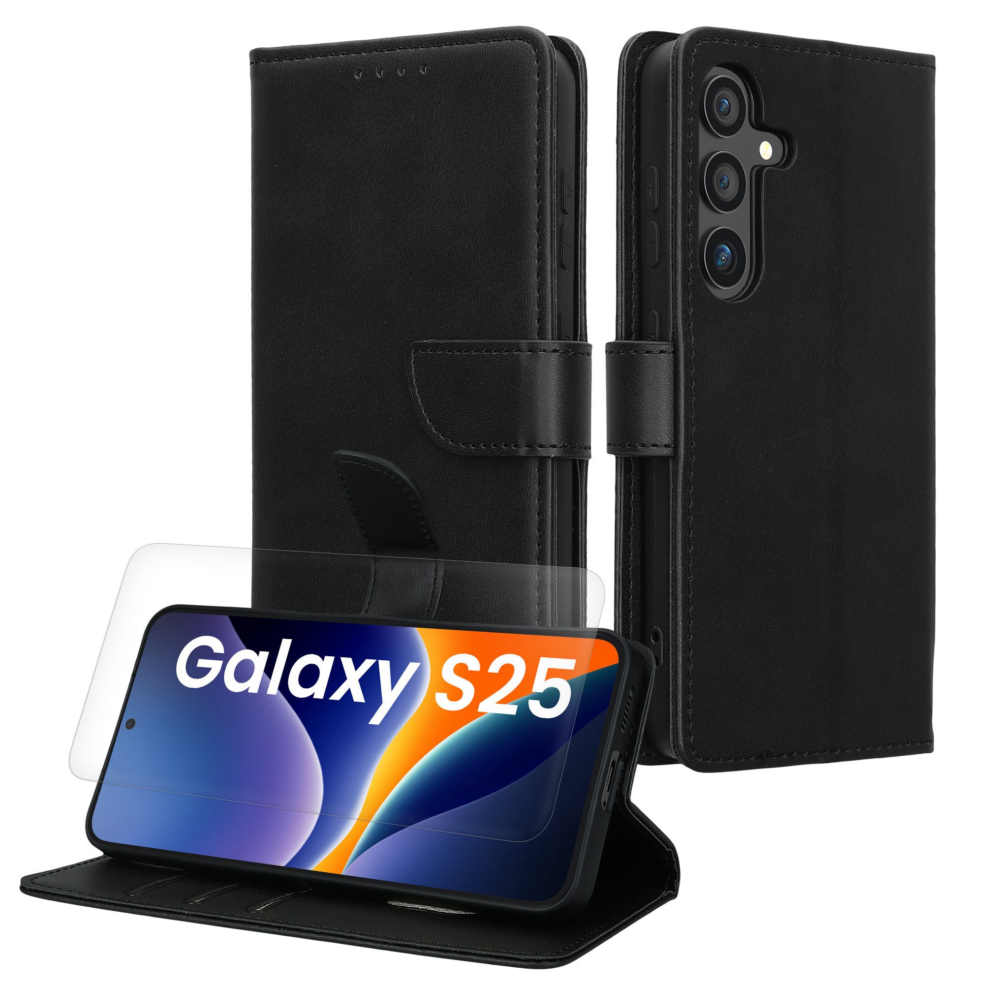 kwmobile Etui Kunstleder Handyhülle für Samsung Galaxy S25 Hülle, Brieftaschen Schutzhülle aus PU-Leder mit Displayschutz