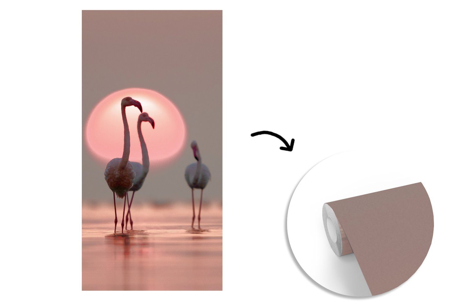 Wohnzimmer St), (2 Küche, Vliestapete - MuchoWow Vogel bedruckt, für Fototapete Sonnenuntergang Rosa, - Schlafzimmer Fototapete - Flamingo Matt,