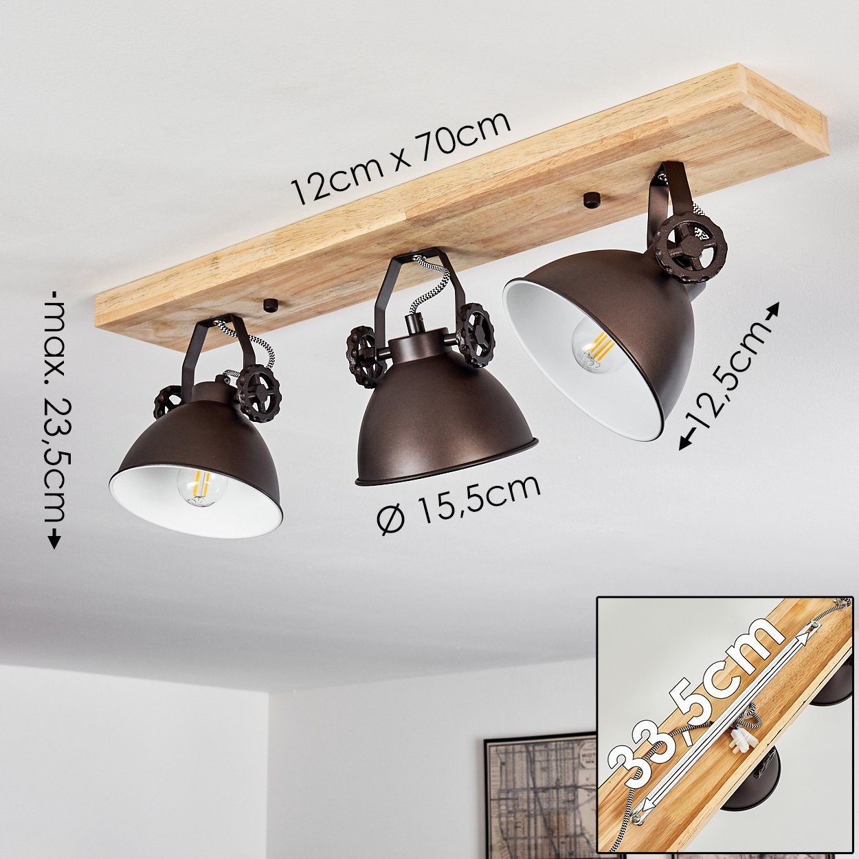hofstein Deckenleuchte »Mot« Deckenlampe aus Metall/Holz in Schwarz-Braun/Natur, ohne Leuchtmittel, mit verstellbaren Strahlern, 3xE14, Retro/Vinatge Design – Bild 2 von 5