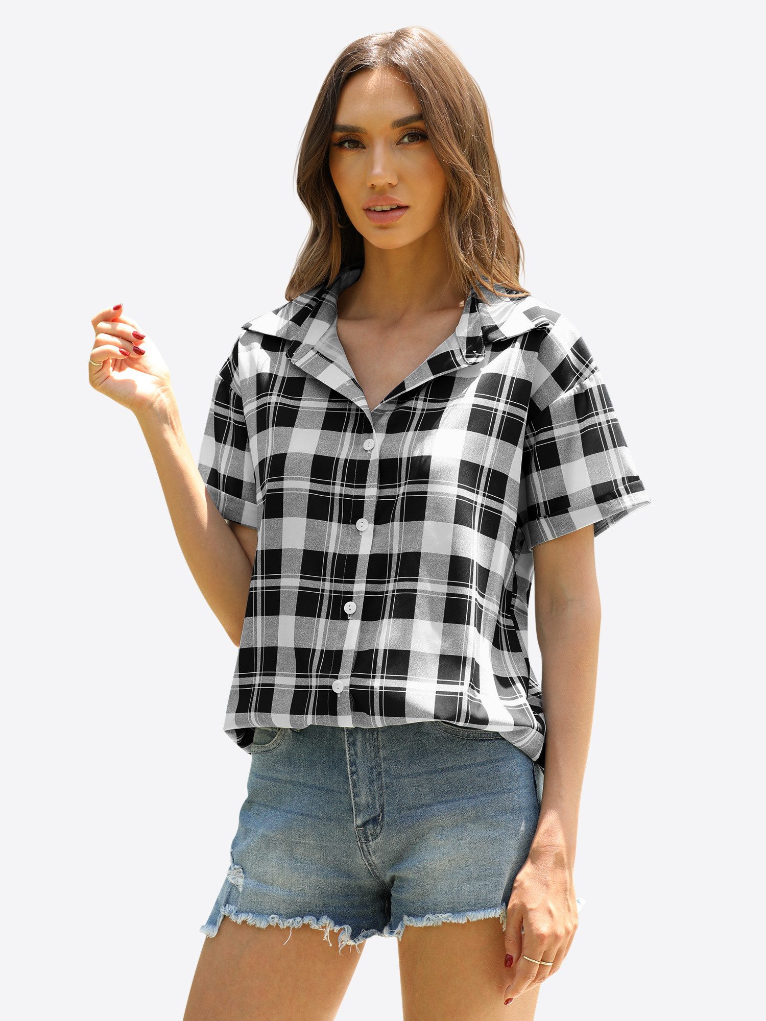 Imily Bela Kurzarmshirt Damen Kariertes Hemd mit Knöpfen (Packung, 1-tlg., 1per-Pack) Reverskragen