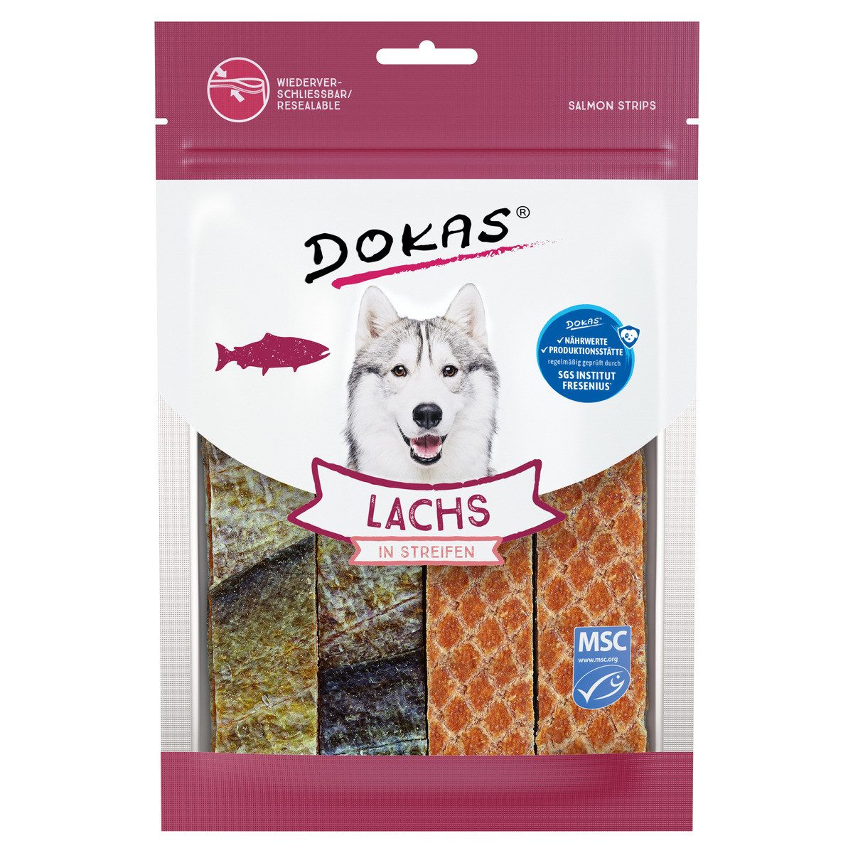 Dokas Lachs in Streifen 100 g - 8 Stück - Sparpaket, Trockenfutter für: Hund