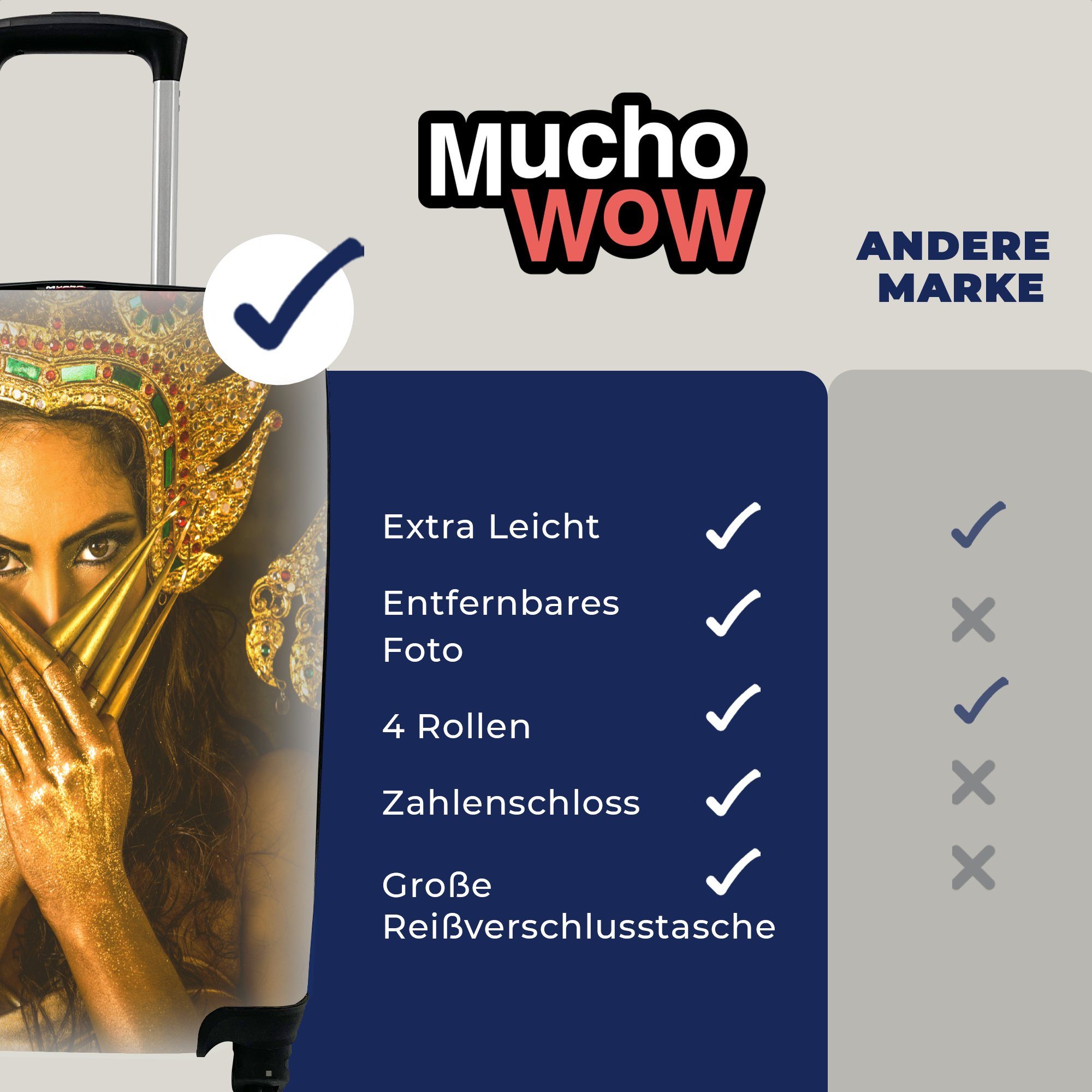 Reisetasche Handgepäck 4 - - Trolley, rollen, Frau Krone, Ferien, Handgepäckkoffer Gold Rollen, Reisekoffer mit MuchoWow für