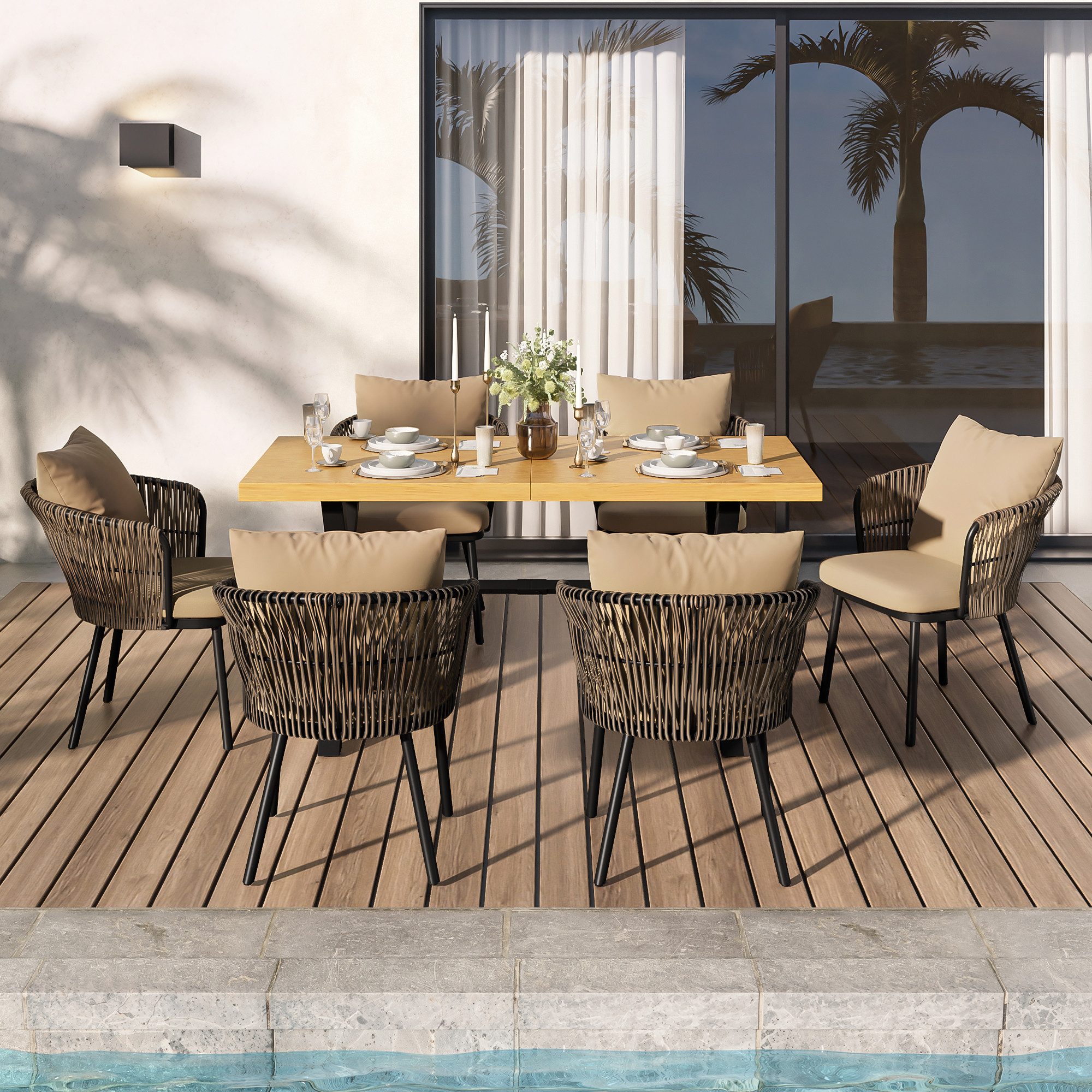 Refined Living Gartenlounge-Set 7-teiliges Gartenmöbel-Set Essgruppe Outdoor, Tisch + 6 Stühle, (Khaki & Natur, 6-teiliges Outdoor Gartenmöbel-Set, 150x75x75 cm Tisch, 52x50x72 cm Stühle, Eisengestell, Holzoptik Tischplatte, PE-Rattan Rückenlehne, 1-tlg., mit dicken Sitzkissen, wetterfest, modern Sitzgruppe), für Garten, Terrasse, Balkon, Outdoor Essgruppe für 6 Personen