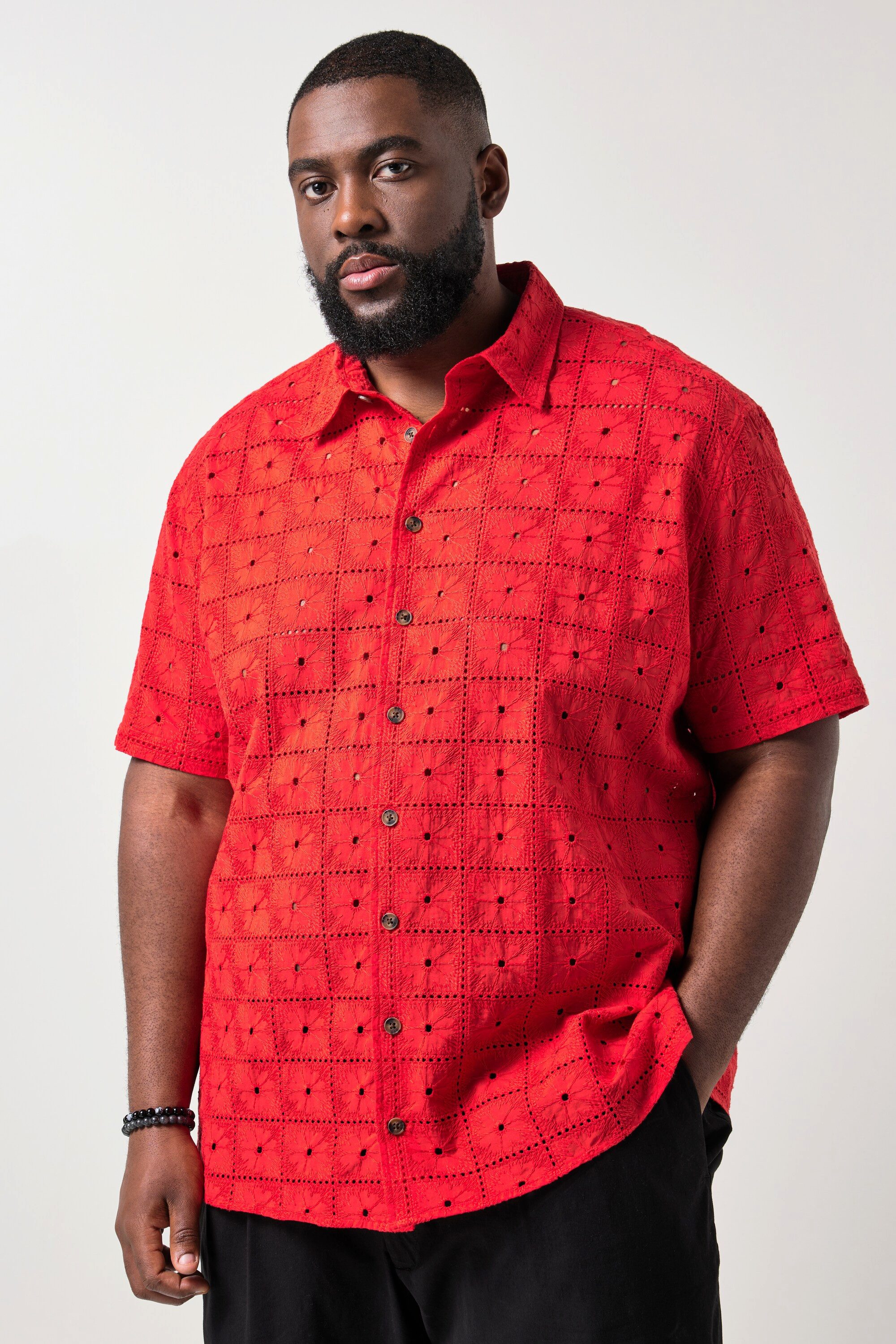 STHUGE Kurzarmhemd Hemd Halbarm Lochstickerei Kentkragen Boxy Fit