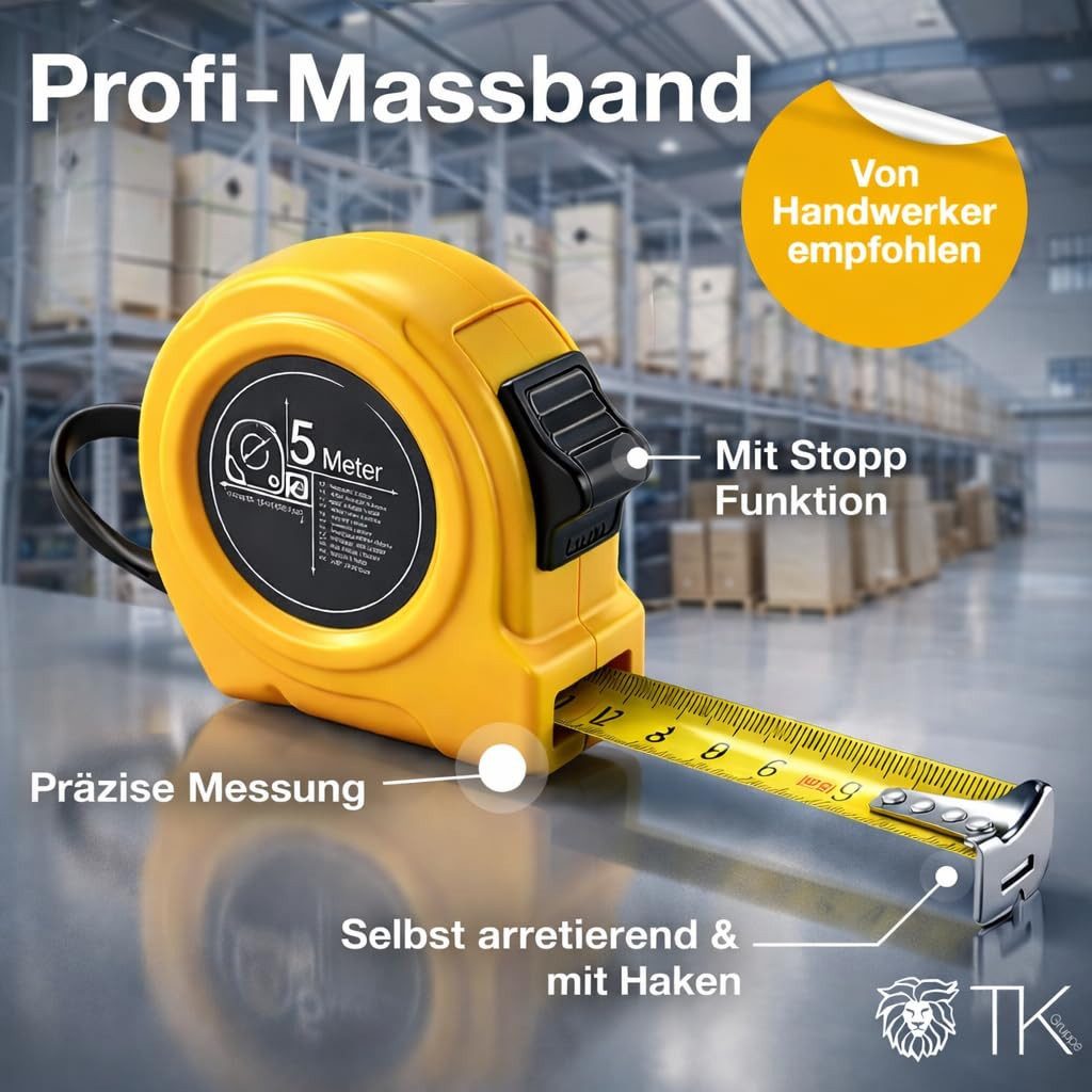 toolmate® Maßband Maßband 10 Meter mit Halterung und Feststeller / Rollmassband, Aufrollsystem, Stop-Funktion, Tragegriff