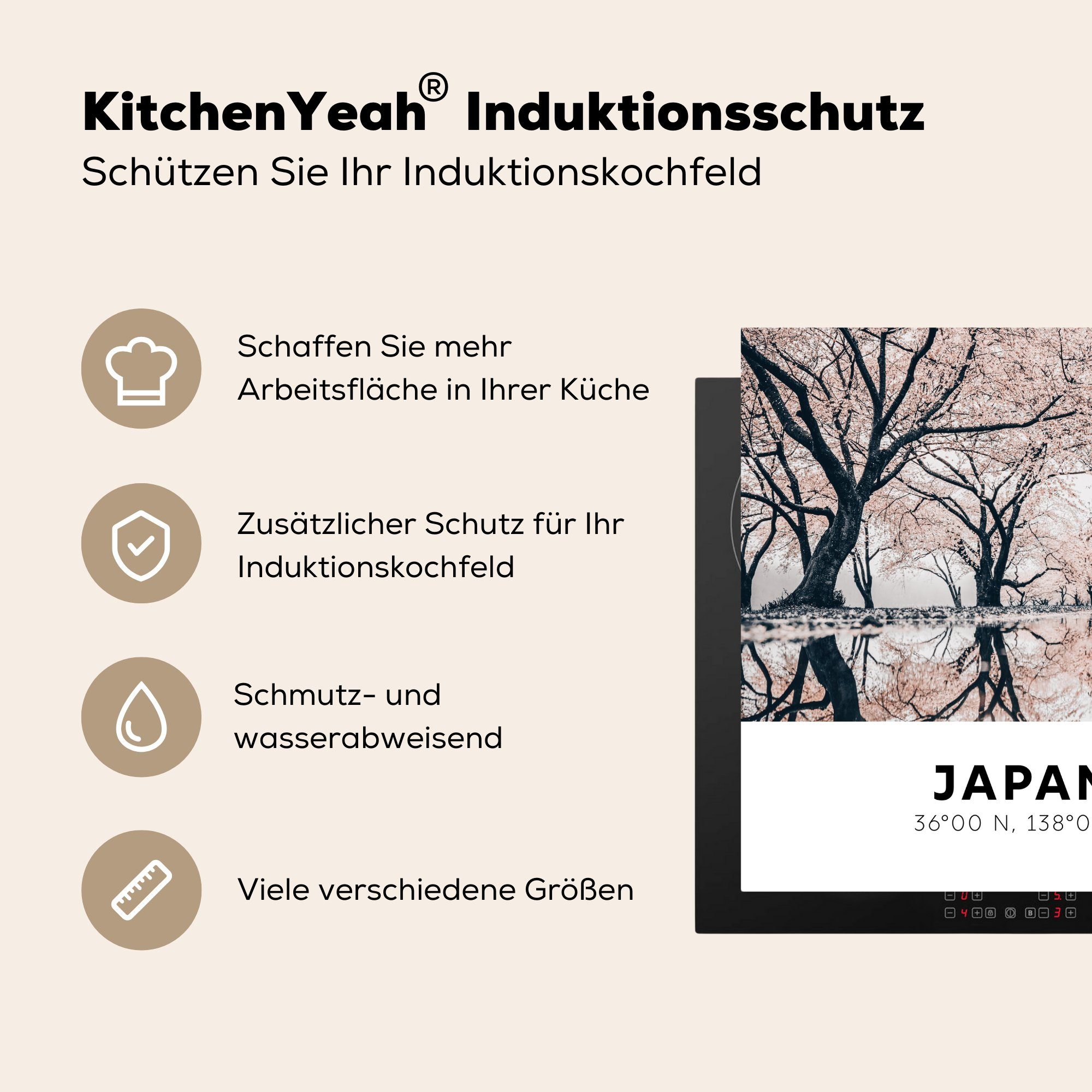 Vinyl, Japan - Ceranfeldabdeckung, 78x78 Sakura - Herdblende-/Abdeckplatte - Rosa, für Arbeitsplatte cm, (1 küche Frühling tlg), MuchoWow