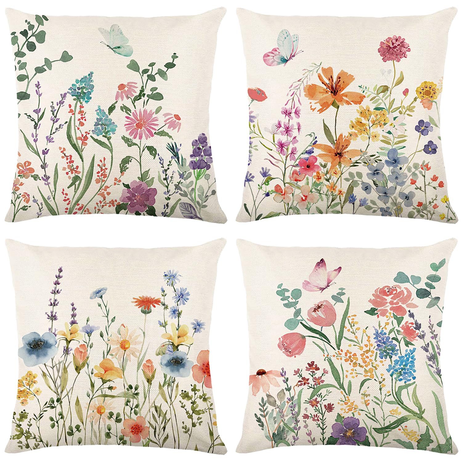 Zyronn Kissenbezug 4er Set Kissenbezüge mit Blumenmuster aus Leinen (45 × 45 cm), (4 Stück), Landhausstil-Kissenbezug für Sofa, Schlafzimmer und Wohndekoration