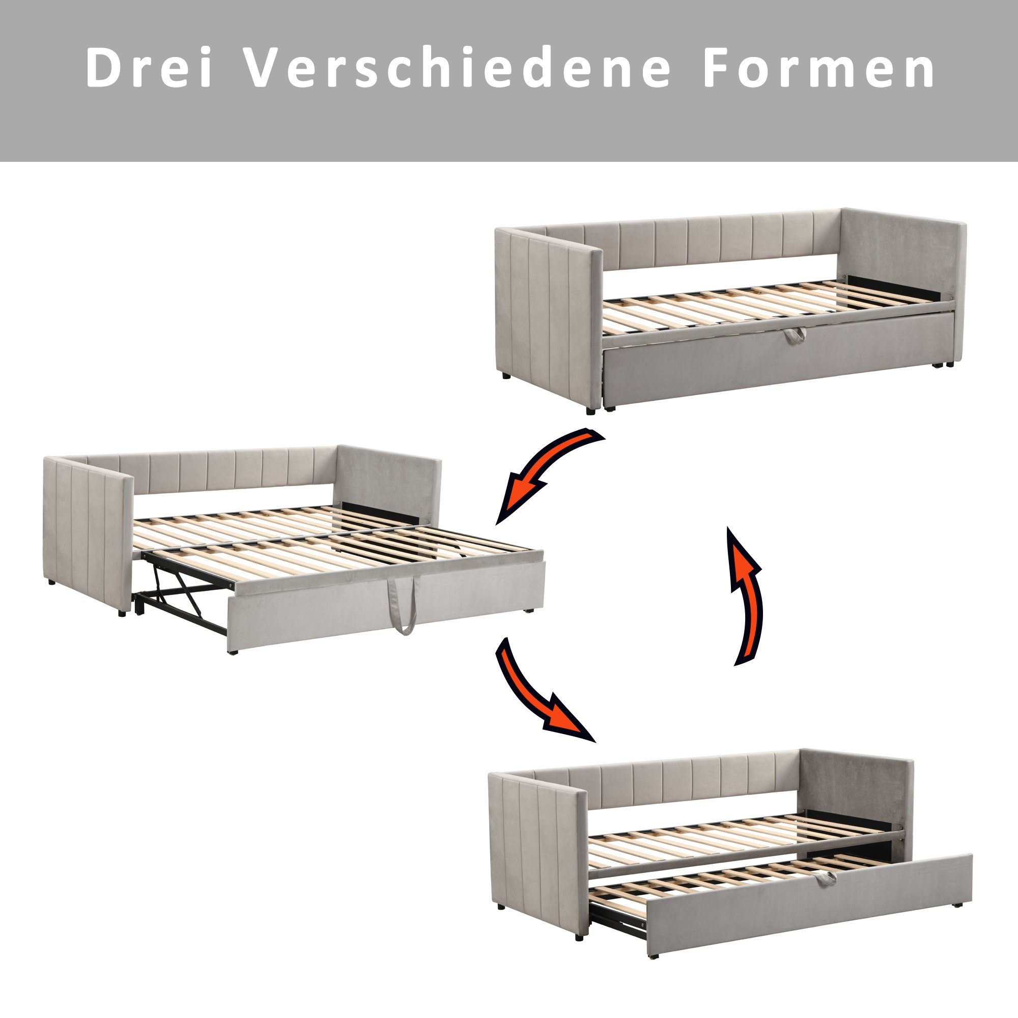 WISHDOR Polsterbett Funktionsbett Doppelbett Samtstoff, grau2 mit ohne Lattenrosten), Matratze cm (Multifunktionsbett Kinderbett Schlafsofa Bett hautfreundlichem Schlafsofa 90/180*200 aus Ausziehbares