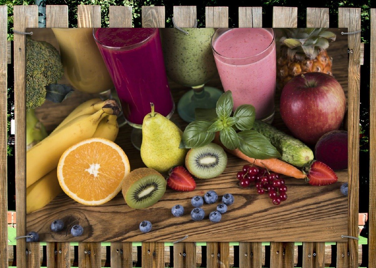 Thumbnail - Wallario Sichtschutzzaunmatten Bunte Smoothies mit Obst in der Küche