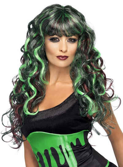Smiffys Kostüm-Perücke Monster Lockenperücke schwarz-grün, Perfekter Look für den Evil Hair Day!