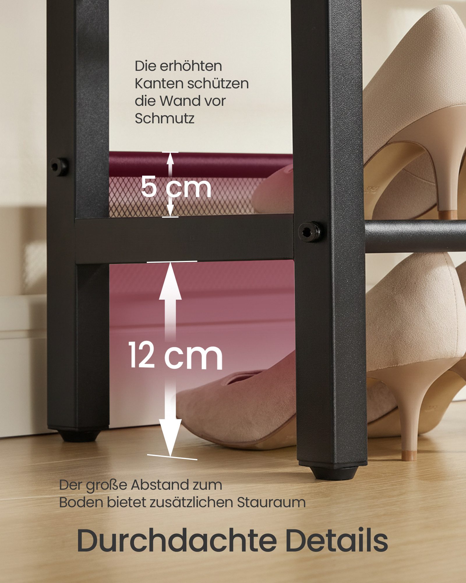 VASAGLE Schuhbank Schuhregal mit 3 Ebenen, Schuhablage, einteiliges Design, mit erhöhten Kanten, Industrie-Stil, 28 x 75 x 50 cm – Bild 4 von 5