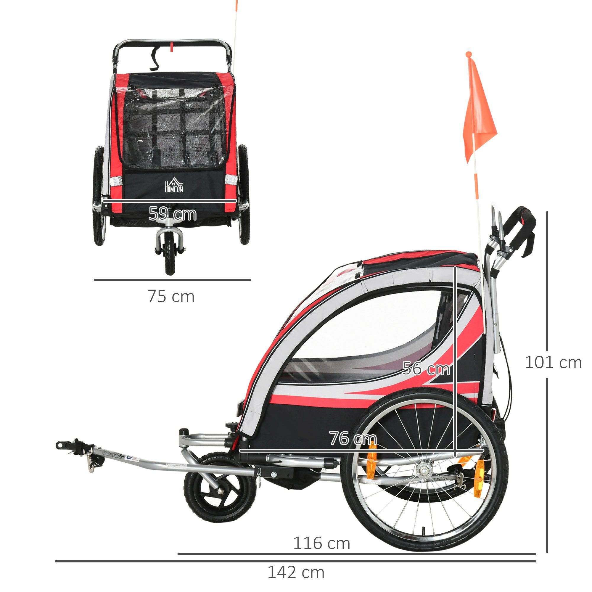 HOMCOM Fahrradkinderanhänger Kinderanhänger, Fahrradanhänger für 2 Kinder, rot, 2-in-1 Kinderanhänger