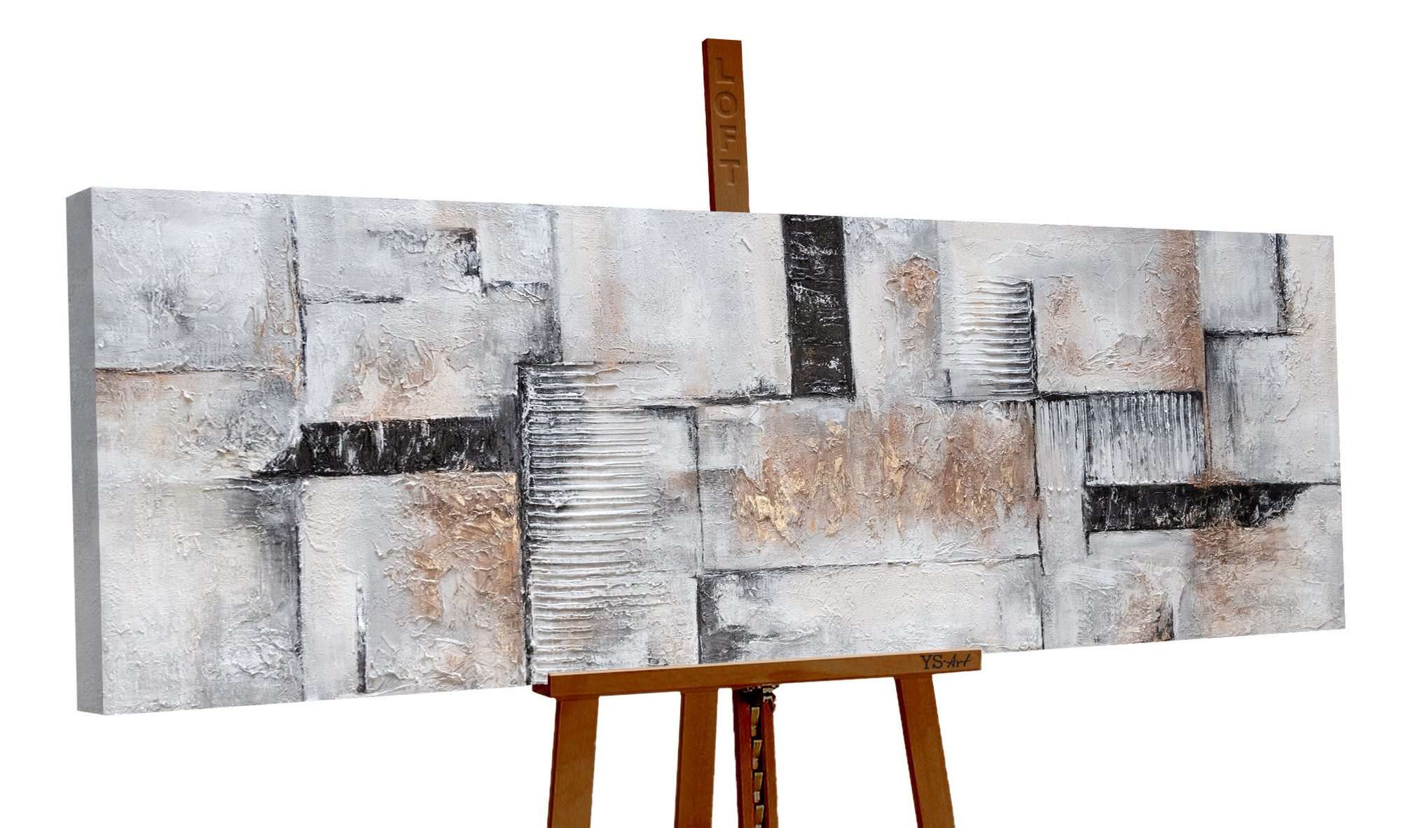YS-Art Gemälde Fragmente, Abstrakte Bilder, Abstraktes auf Leinwand Bild Handgemalt Braun Weiß Schwarz