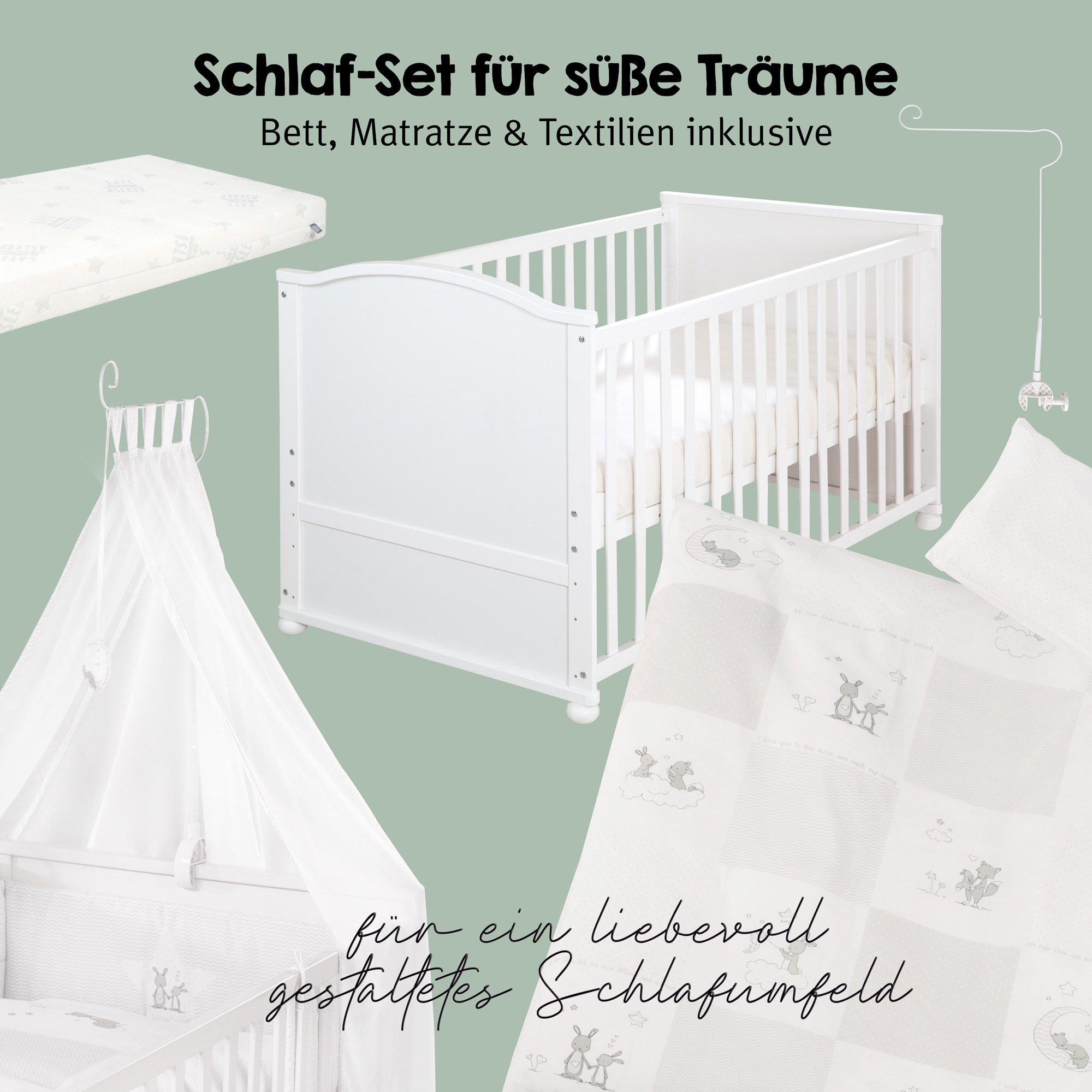 roba® Babybett Fox & Bunny 70 x 140 cm - Komplett Set Gitterbett Holz Weiß, mit Bettwäsche, Himmel, Nest, Matratze - Umbaubar Juniorbett
