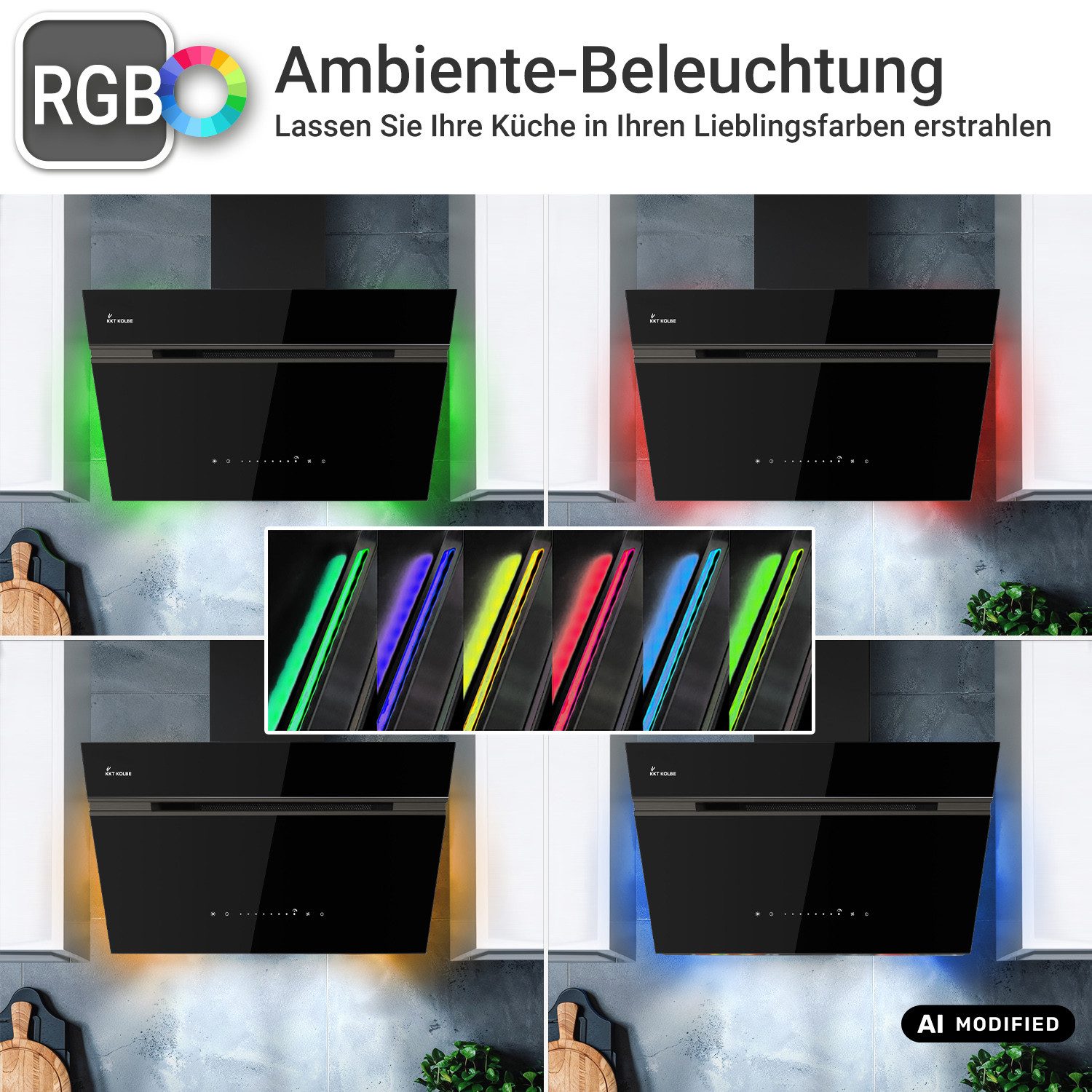 KKT KOLBE Wandhaube Dunstabzugshaube 60cm AURORA6005FB RGBW Ambientebeleuchtung Kopffreihaube / Umluft / Abluft / Smarte WiFi-App / Schwarz / Glas – Bild 3 von 5
