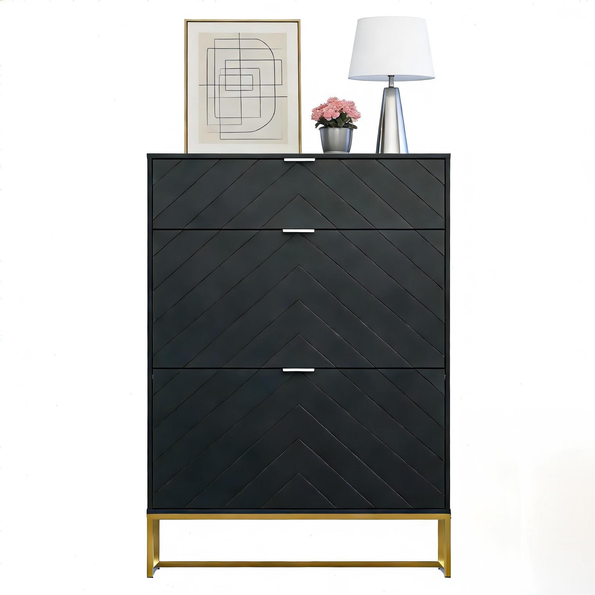 UEV Schuhschrank mit 3 Klappen schmal Schuhablage (Modern Schuhkommode im Flur Diele,80x24x122cm) Platzsparend, mit Kippschutz/Trennwand verstellbar