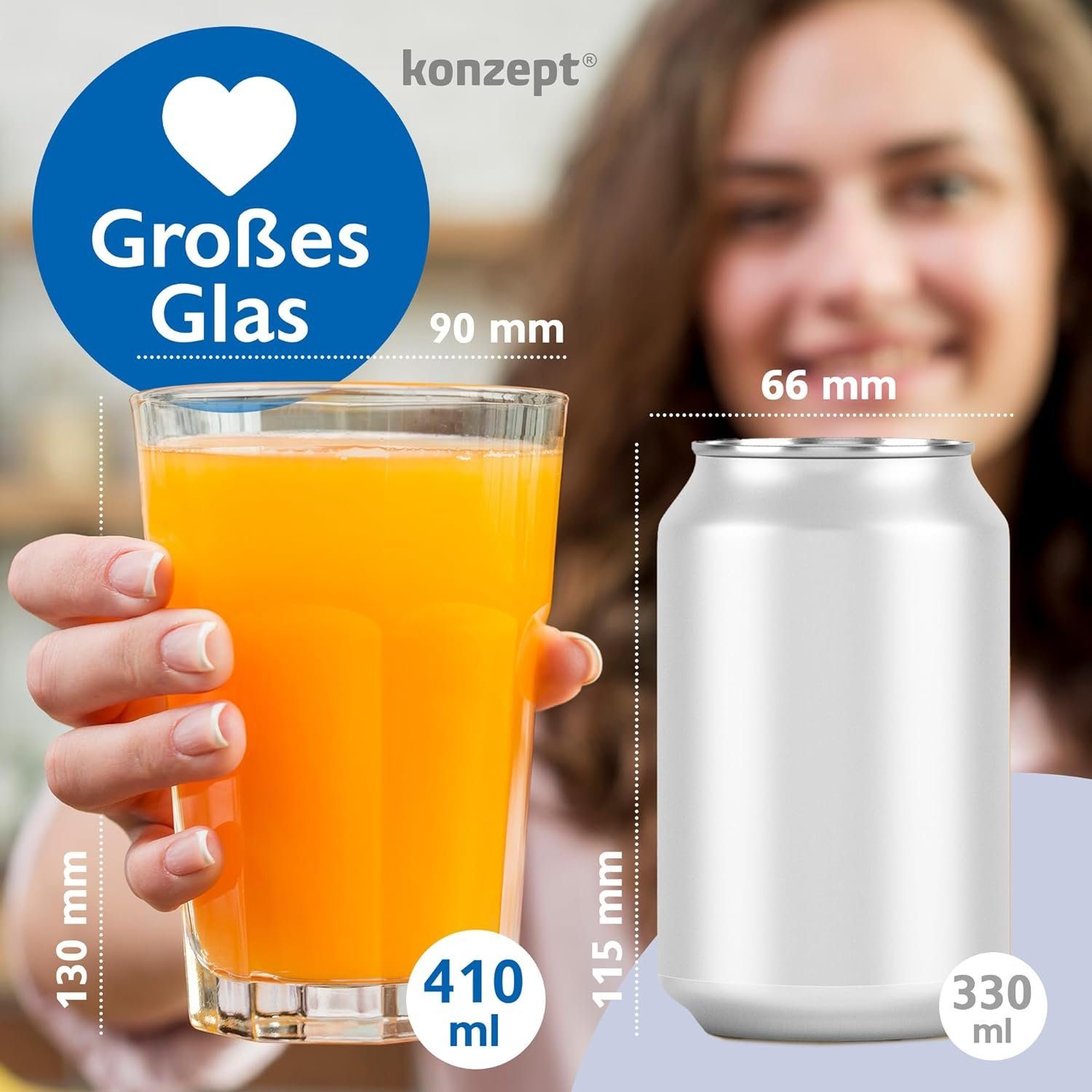 KONZEPT Gläser-Set Wassergläser Set 6-teilig, Große Gläser, 410ml, Trinkgläser Set, - ideal für Saft, Eiskaffee Cocktails, Latte Macchiato