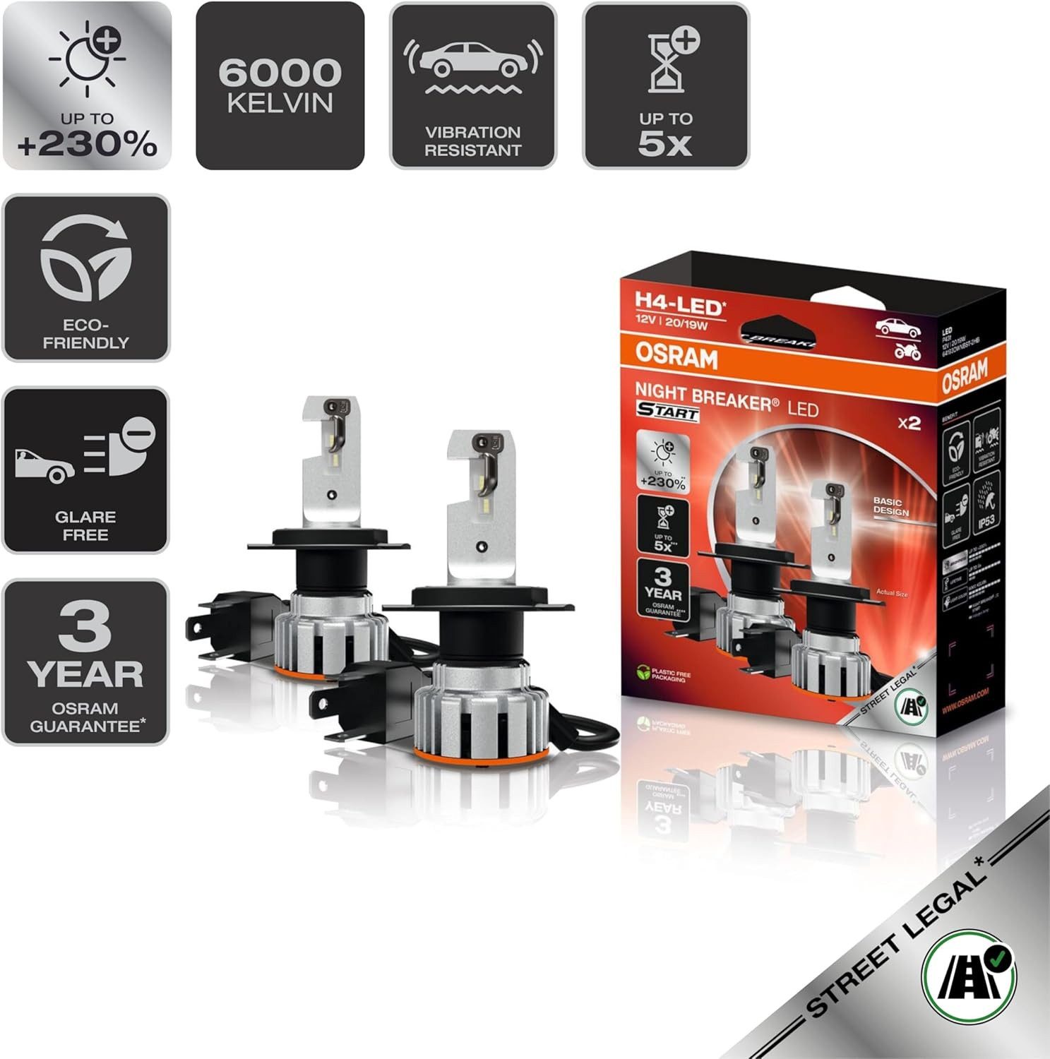 Osram KFZ-Ersatzleuchte H4 NIGHT BREAKER LED 230% StVZO-Konforme LED 2St., Kaltweiß