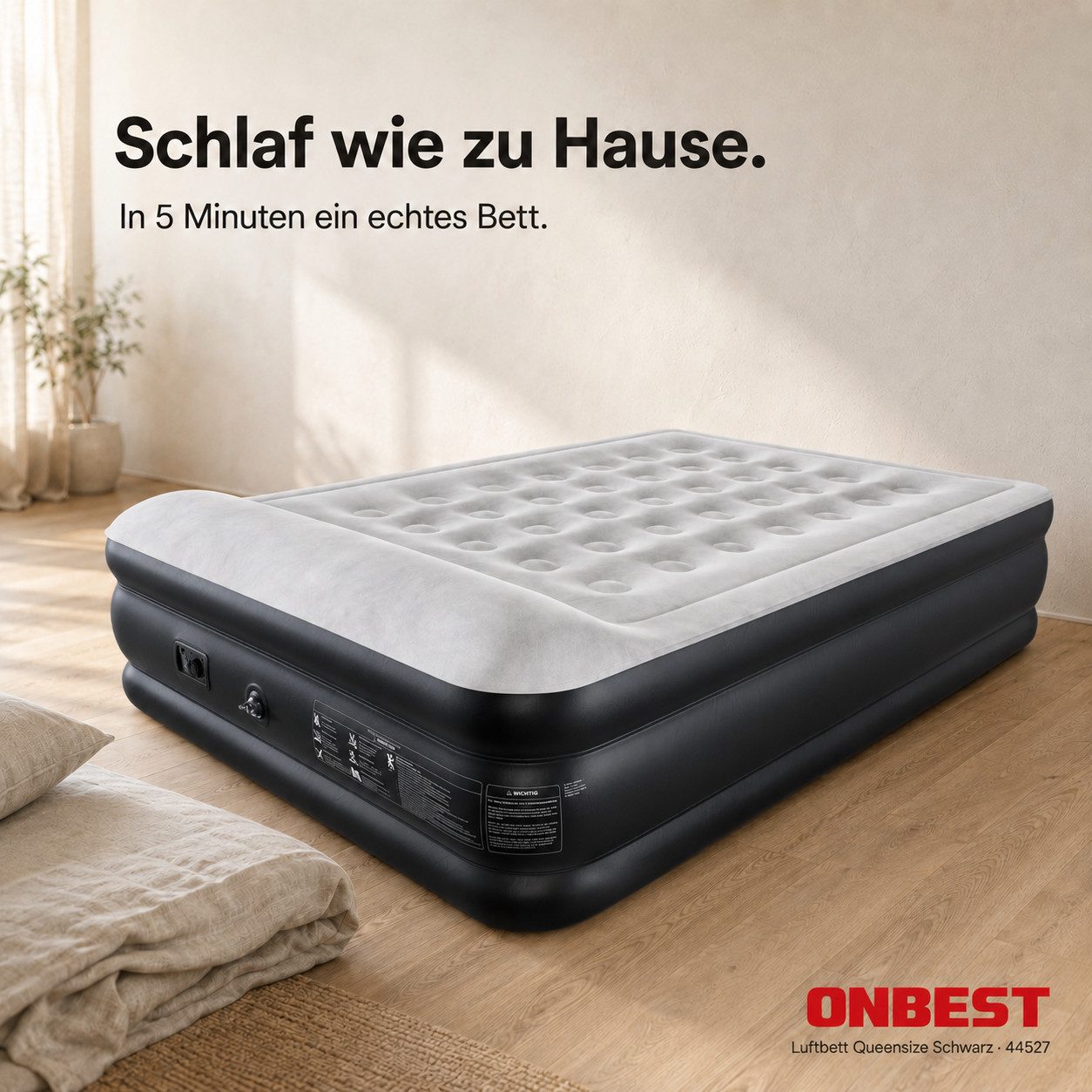 Onbest Luftbett Luftmatratze Gästebett mit elektrischer Luftpumpe und Kissen, 250 kg, 2 Personen, wasserabweisend, selbstaufblasend, 0,6 mm