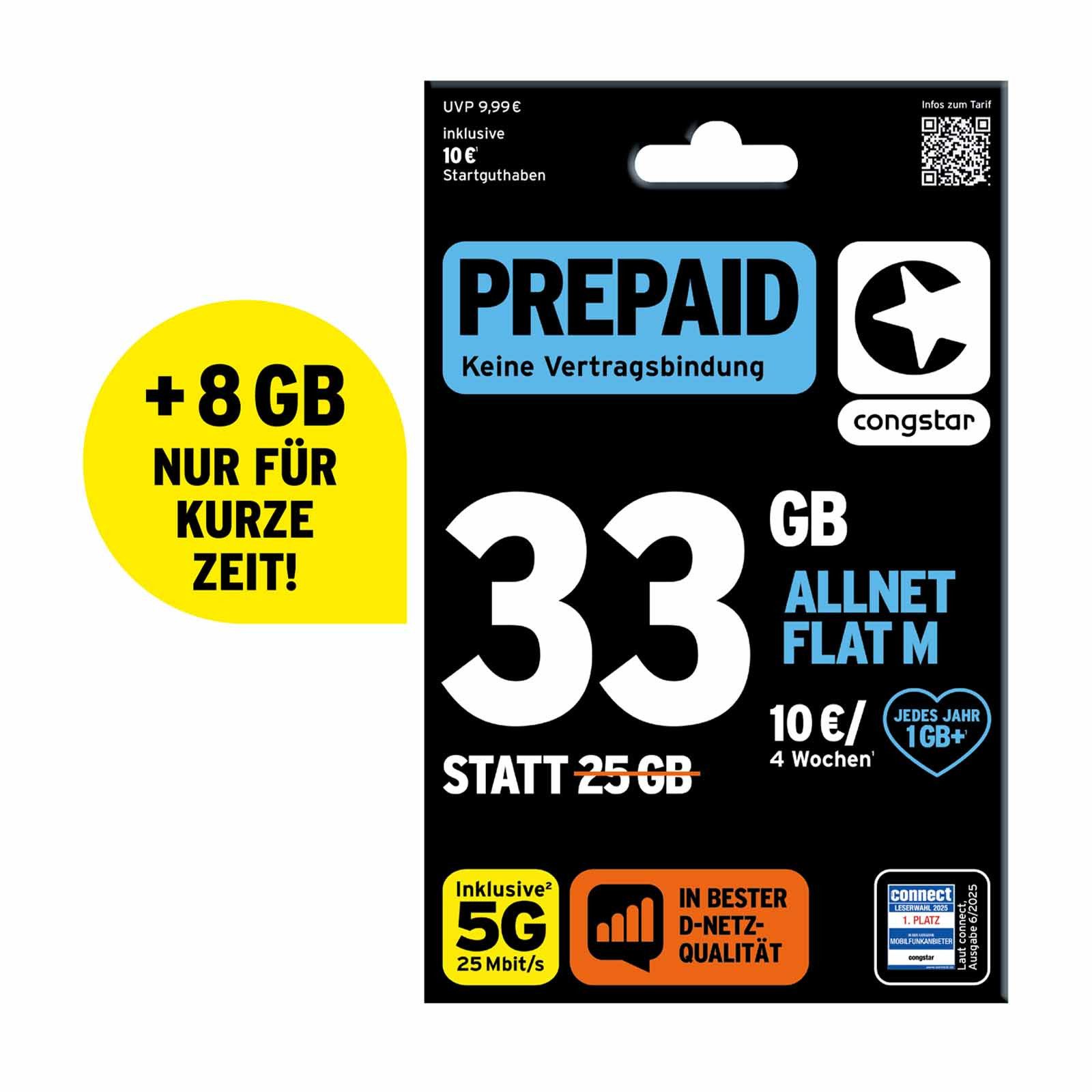Congstar Prepaid ALLNET M, SIM-Karte ohne Vertrag, 5G mit 25 Mbit/s Prepaidkarte, (EU-Roaming inkl. CH, 10 € Startguthaben)