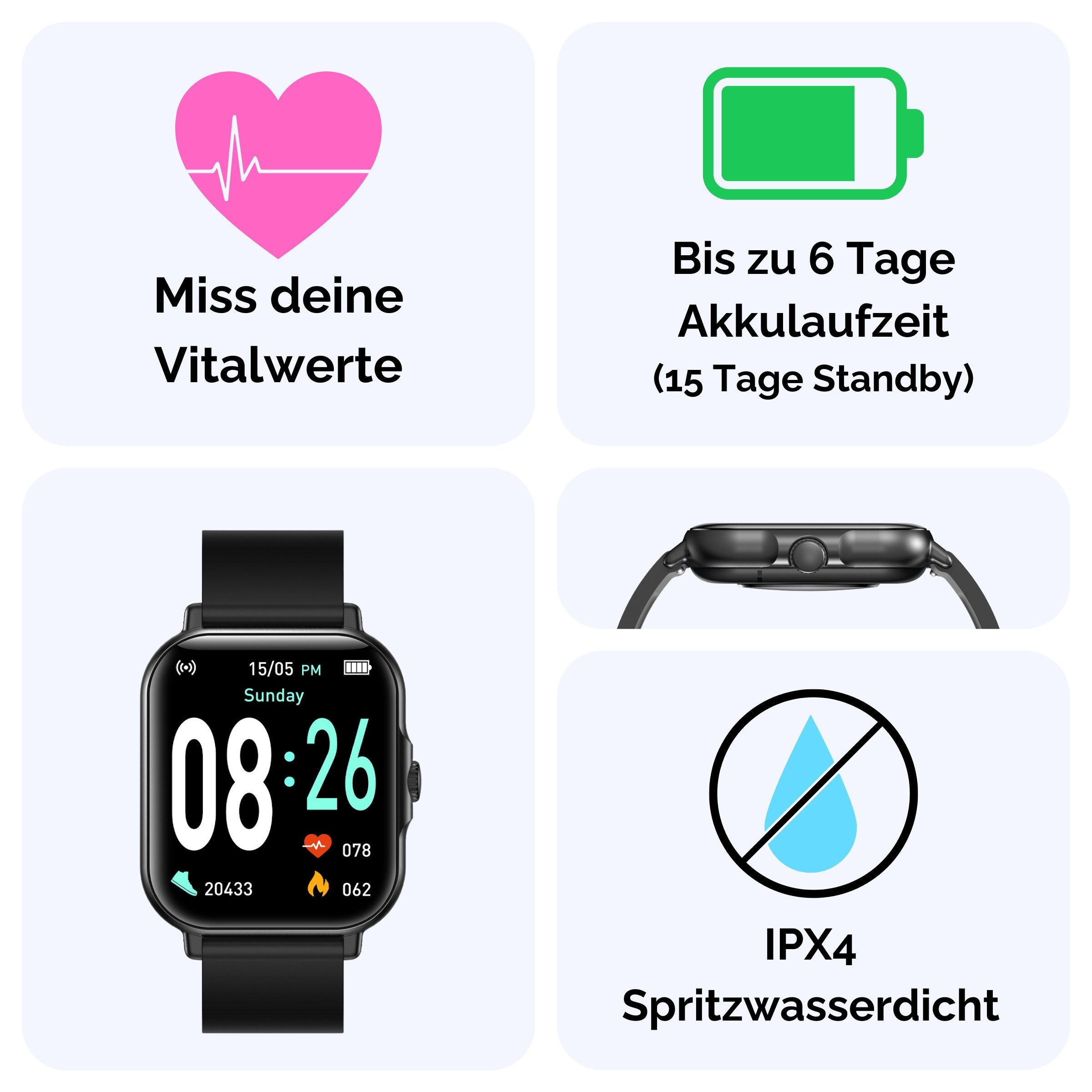fontastic Smartwatch 1.83 Zoll Bluetooth Anrufe Fitness Tracker Puls SpO2 Smartwatch – Bild 3 von 5