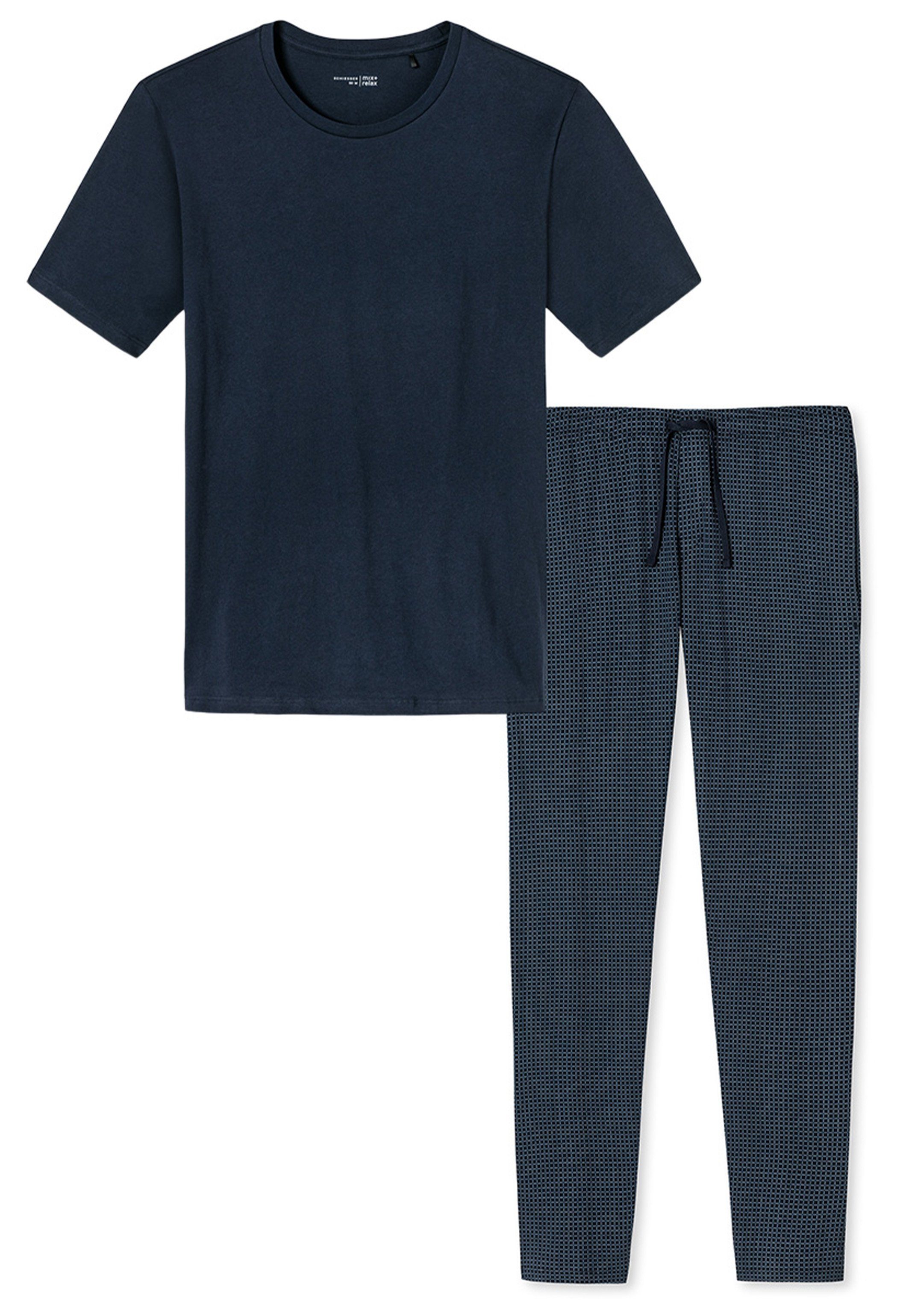 Rundhals-Ausschnitt Baumwolle 2 Schlafanzug Schiesser - (Set, Blau tlg) Kurzarm-Shirt - gemustert mit Mix Pyjama