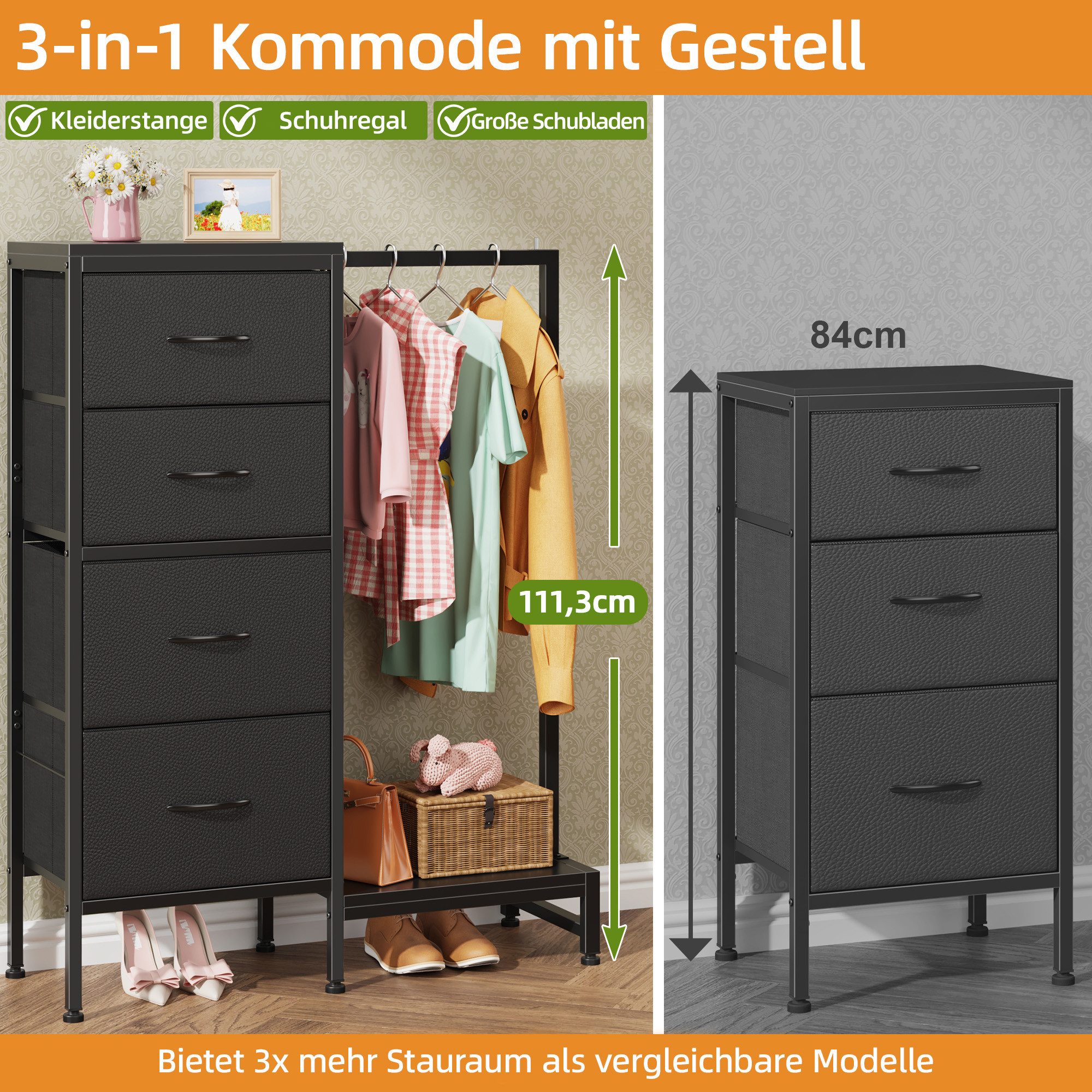 OYRREU Kinderkleiderschrank Kommode mit Kleiderstange & Schuhregal, platzsparend (Aufbewahrungsschrank-Set 1-St., mit 4 Stoffschubladen, Schuhablage) 3-in-1 Organizer Schlafzimmer Garderober