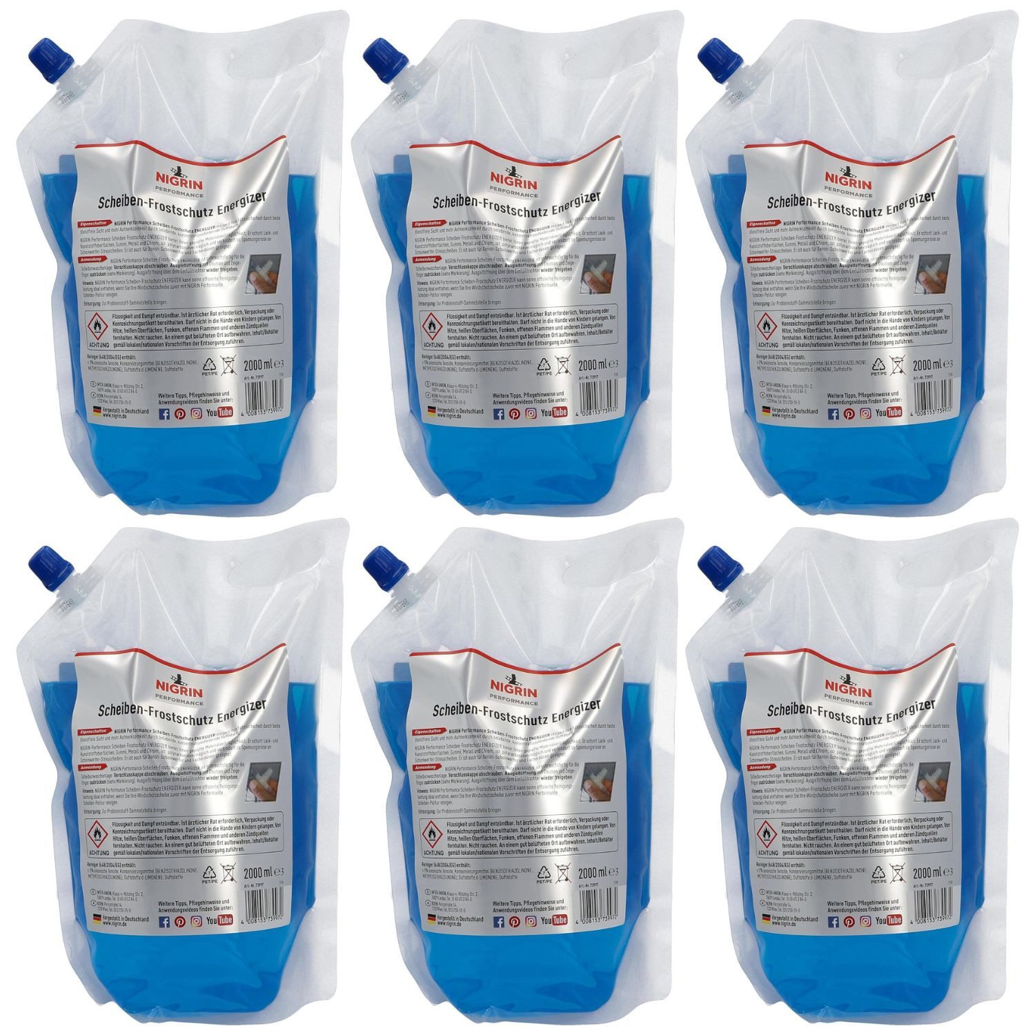 NIGRIN Scheibenfrostschutz Pack 6x 2L = 12L Scheiben-Frostschutz -22°C, bis -22 °C, 12 l, 6 St., Energizer Scheiben-Reiniger für Scheiben-Waschanlage Fertig-Mix