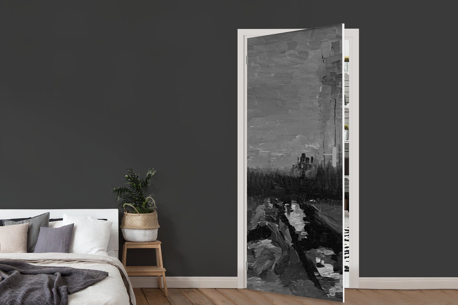 van St), cm Vincent Türtapete Matt, und - für (1 - Schwarz Tür, Gogh weiß, in Fototapete bedruckt, Landschaft 75x205 MuchoWow Dämmerung Türaufkleber, der