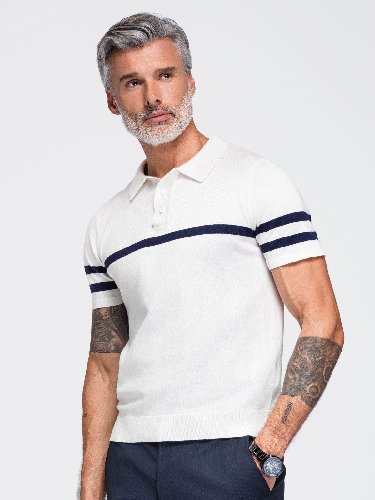 OMBRE Poloshirt Herren Poloshirt mit Kontraststreifen klassisch White/navy S (kein Set, 1-tlg) in Unifarbe