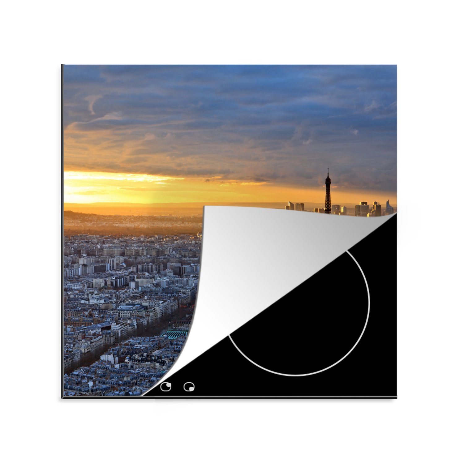 MuchoWow Herdblende-/Abdeckplatte Skyline von Paris bei Sonnenuntergang, Vinyl, (1 tlg), 78x78 cm, Ceranfeldabdeckung, Arbeitsplatte für küche