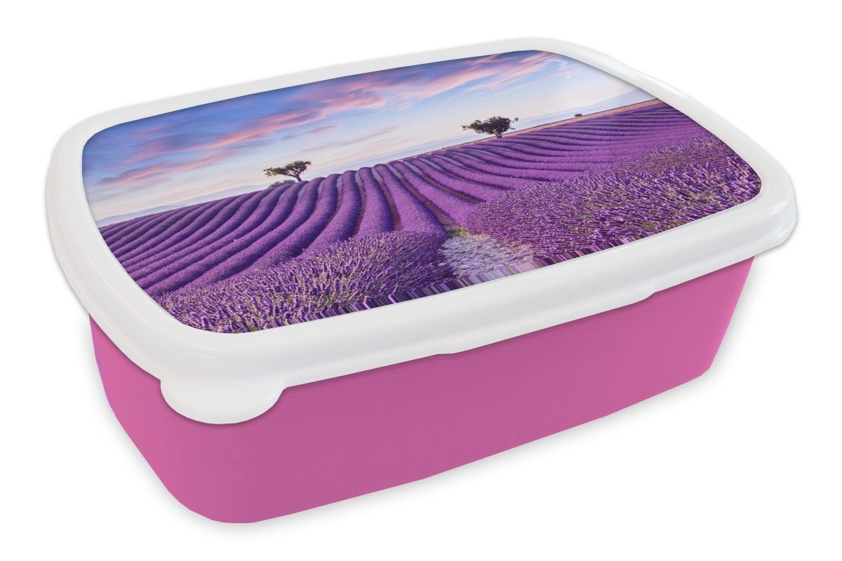 MuchoWow Lunchbox Lavendel - Kunststoff, - Brotbox - Kinder, - Snackbox, Mädchen, Blumen, Erwachsene, Lila Bäume Natur rosa für (2-tlg), Brotdose Kunststoff