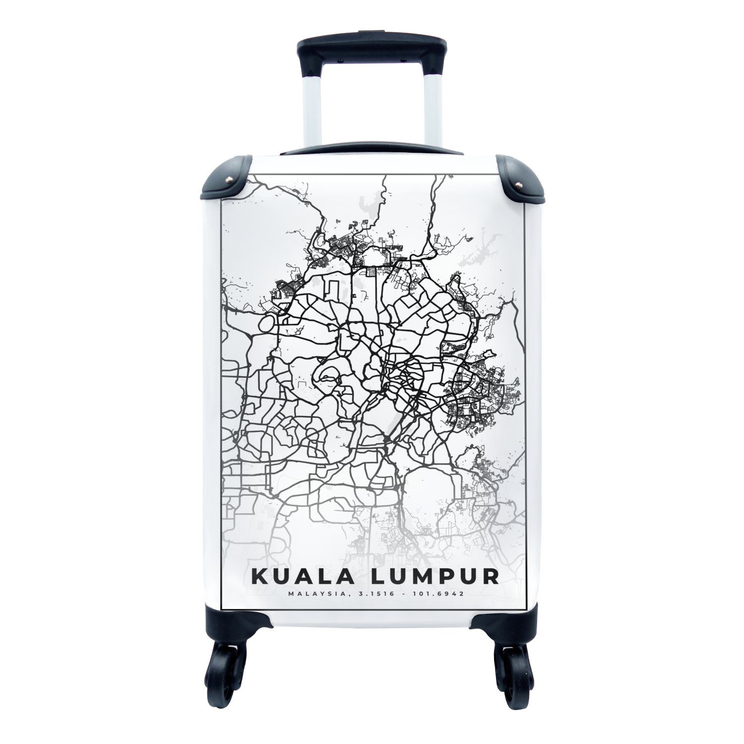MuchoWow Handgepäckkoffer Kuala Lumpur - Karte - Stadtplan - Schwarz und weiß, 4 Rollen, Reisetasche mit rollen, Handgepäck für Ferien, Trolley, Reisekoffer