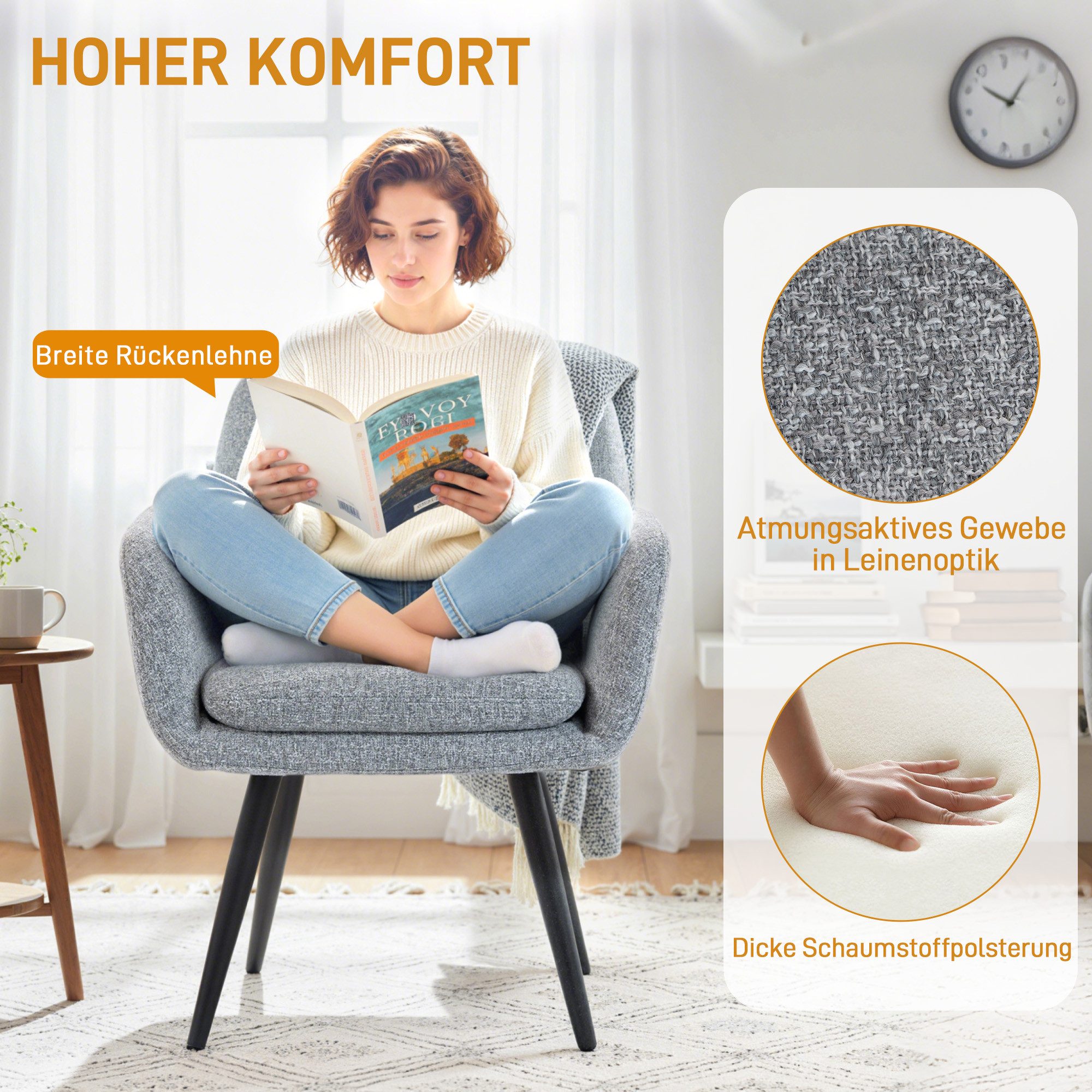 HOMCOM Relaxsessel Sessel Loungesessel mit Leinenoptik, mit Metallbeinen (Einzelsessel, 1-St., Armlehnensessel), für Wohnzimmer, Schlafzimmer, Hellgrau – Bild 4 von 5