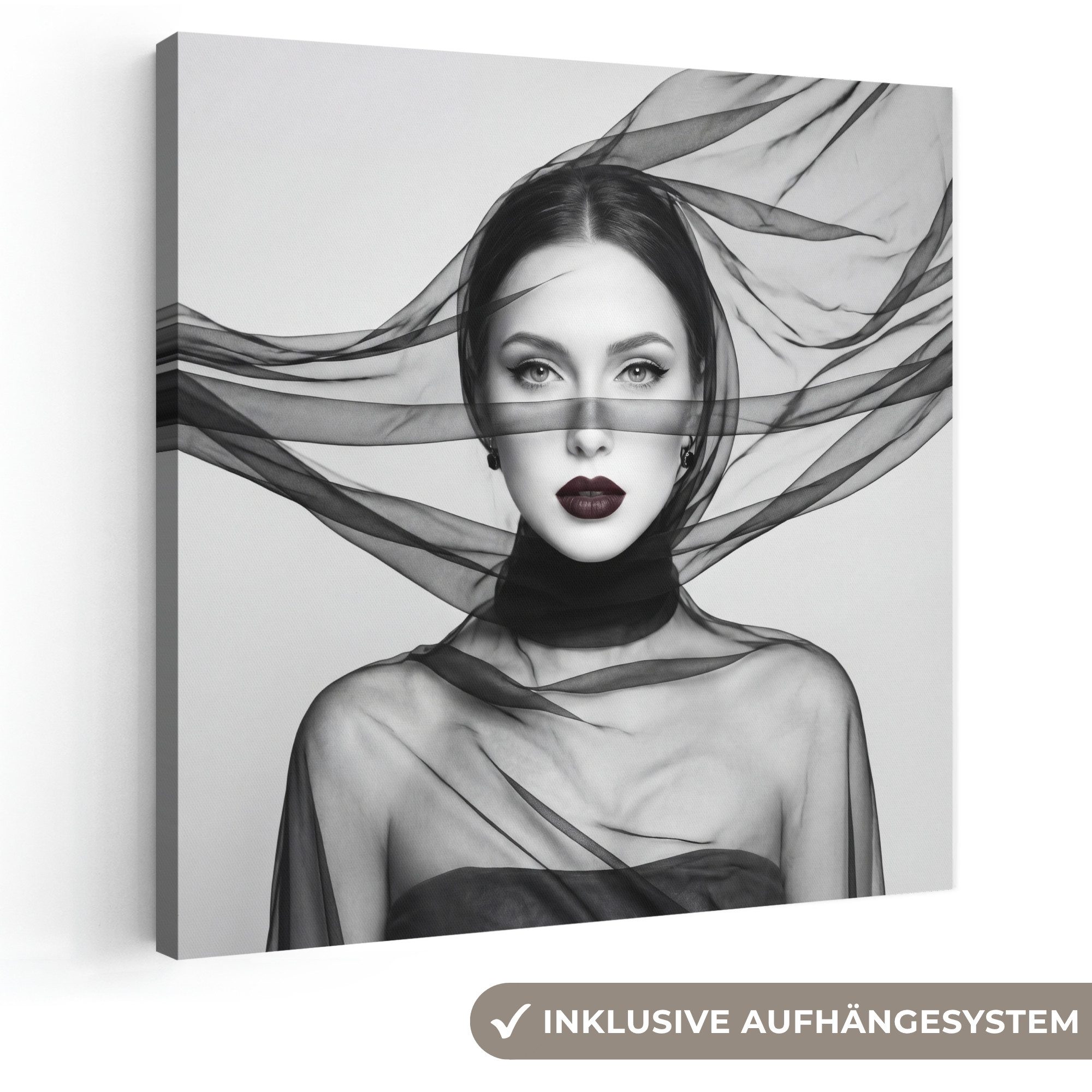 OneMillionCanvasses® Leinwandbild Frau - Schleier - Porträt - Schwarz - Weiß - Elegant, Fotodruck (1 St), Wandbild, Deko Schlafzimmer Wohnzimmer Flur 20x20 cm