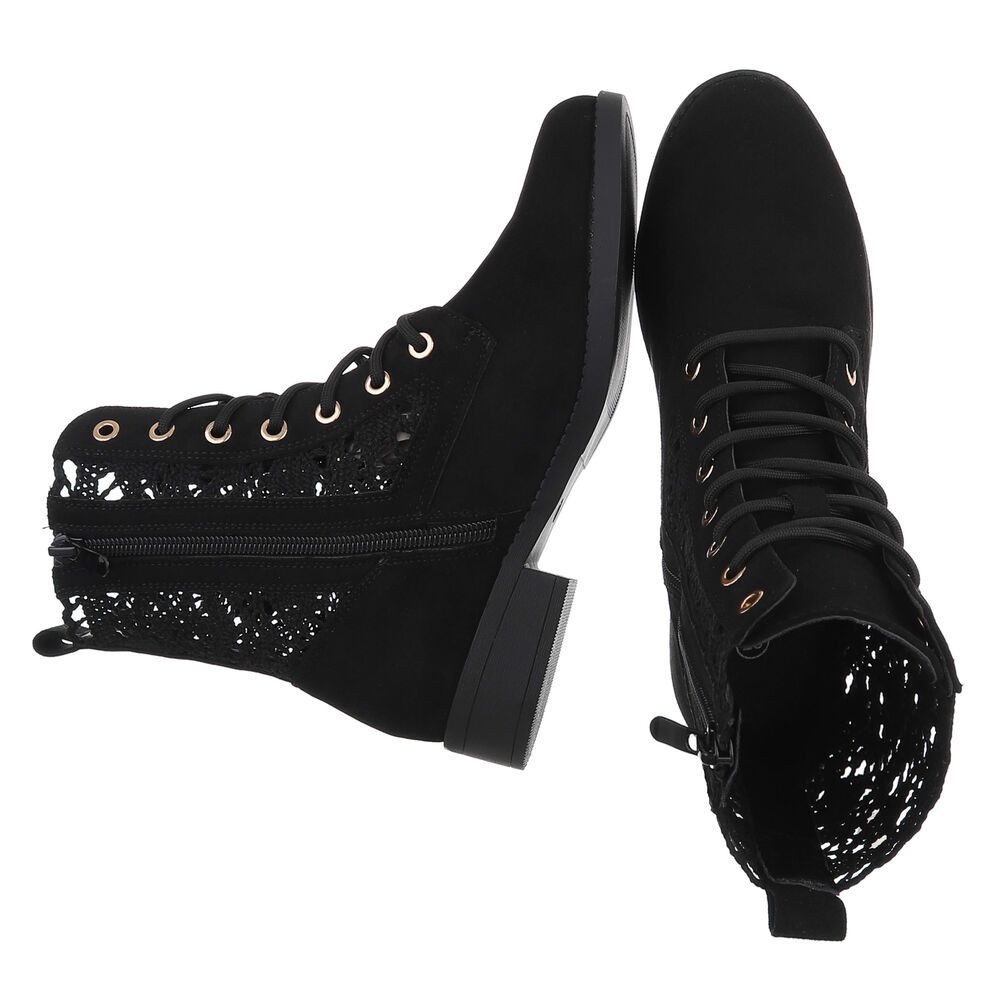 Ital-Design Damen Schnürstiefelette mit Häkel-Details für Alltag und Freizeit Sommerboots (91154506) Blockabsatz Schnürstiefeletten in Schwarz