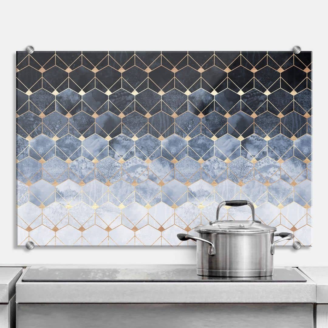 K&L Wall Art Gemälde Glas Spritzschutz Küchenrückwand Hexagon Himmel Gold abstrakt, Wandschutz inkl Montagematerial