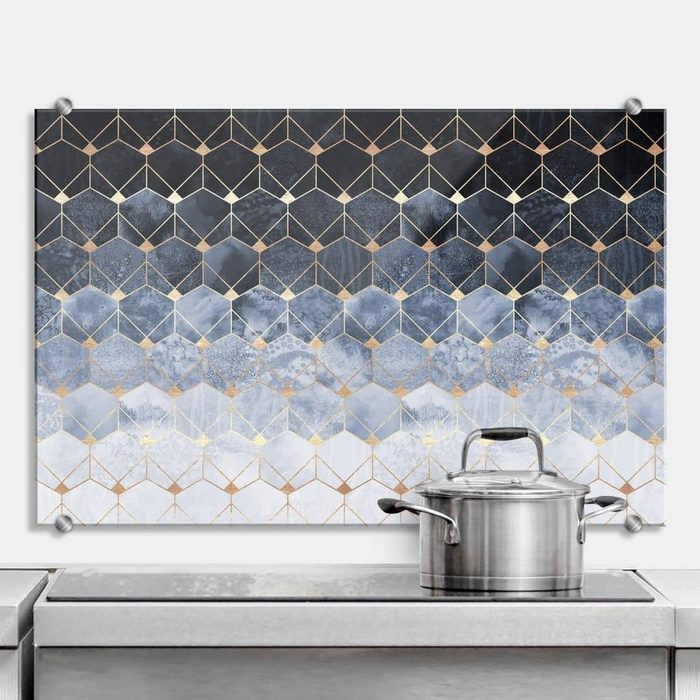 K&L Wall Art Gemälde Glas Spritzschutz Küchenrückwand Hexagon Himmel Gold abstrakt Wandschutz inkl Montagematerial
