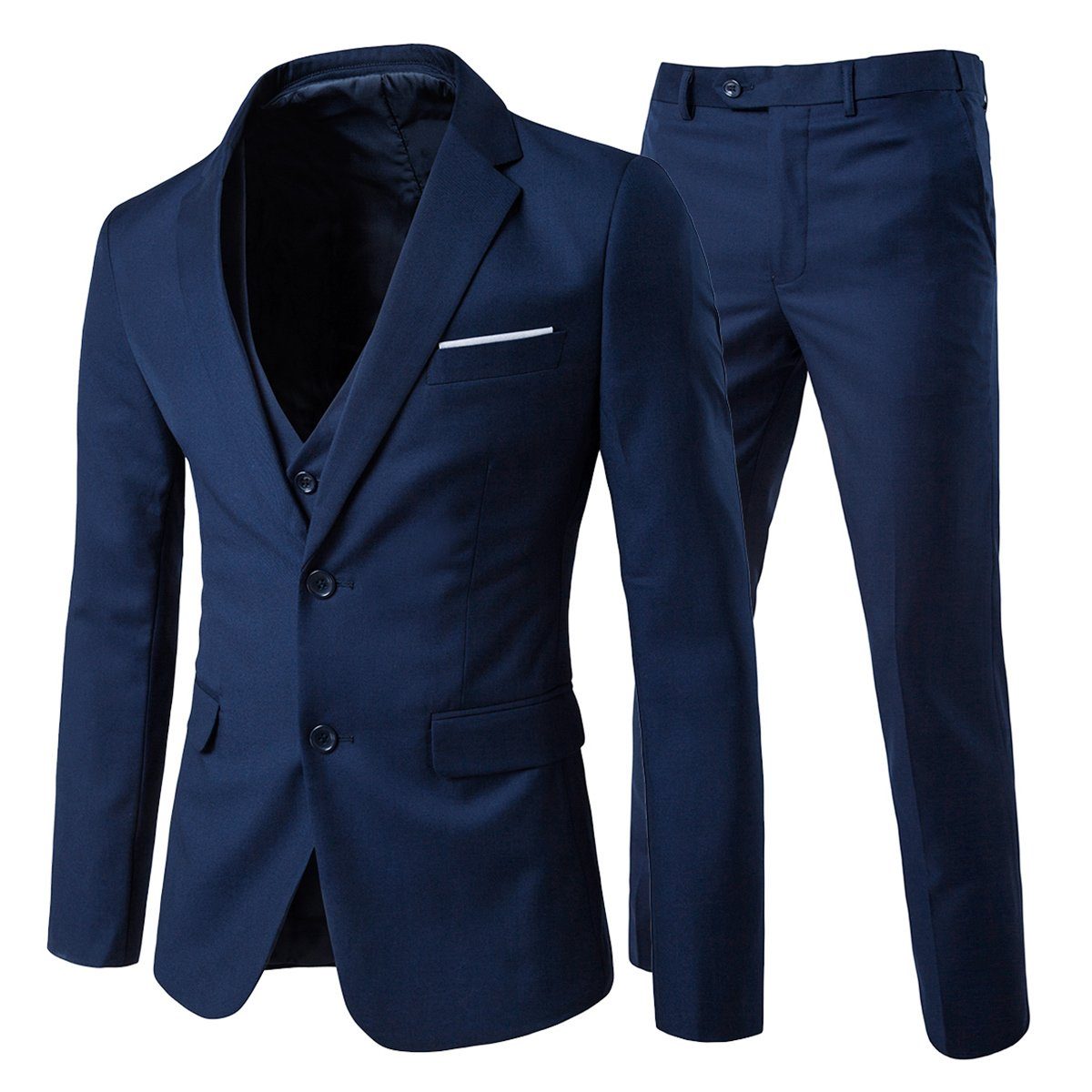 Allthemen Anzug XY05-3P (3 tlg, Sakko & Weste & Hose) Herrenanzug Slim Fit mit 2 Knöpfe für Business Navyblau