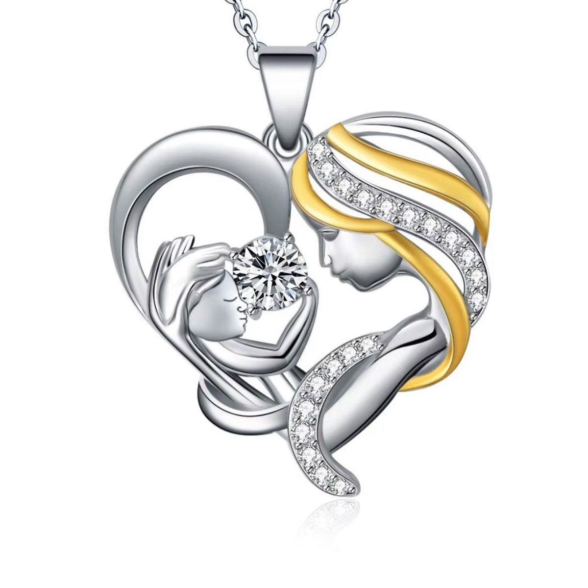 ELLAWIL Silberkette Mutter / Tochter / Baby Geburtskette Herzkette Zirkonia Glitzerstein (GESCHENKIDEE, Kettenlänge 45 cm, Sterlingsilber 925), inklusive Geschenkschachtel
