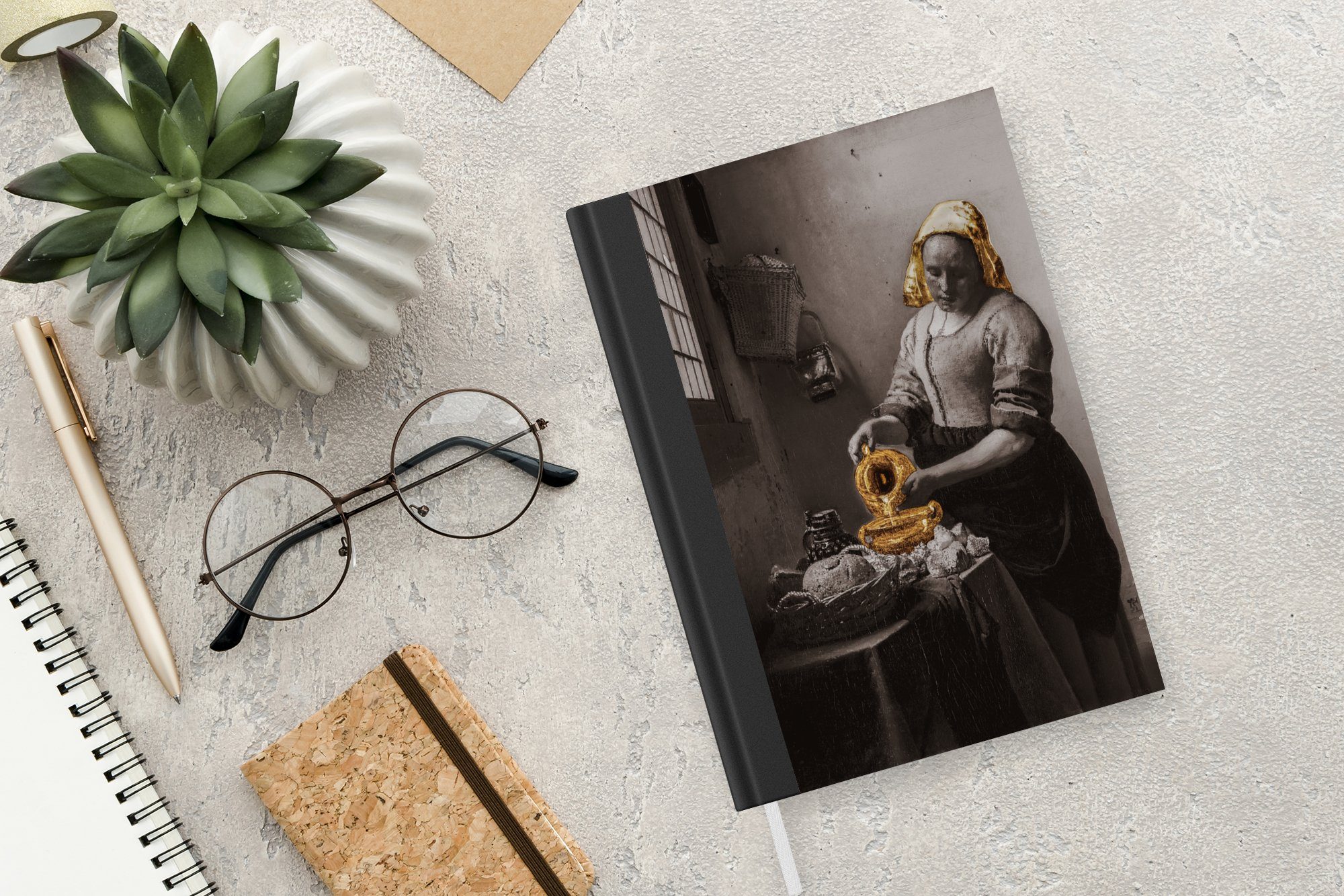 98 Tagebuch, MuchoWow Journal, Merkzettel, Vermeer - Notizbuch Gold, A5, Haushaltsbuch Milchmädchen - Johannes Notizheft, Seiten, Das