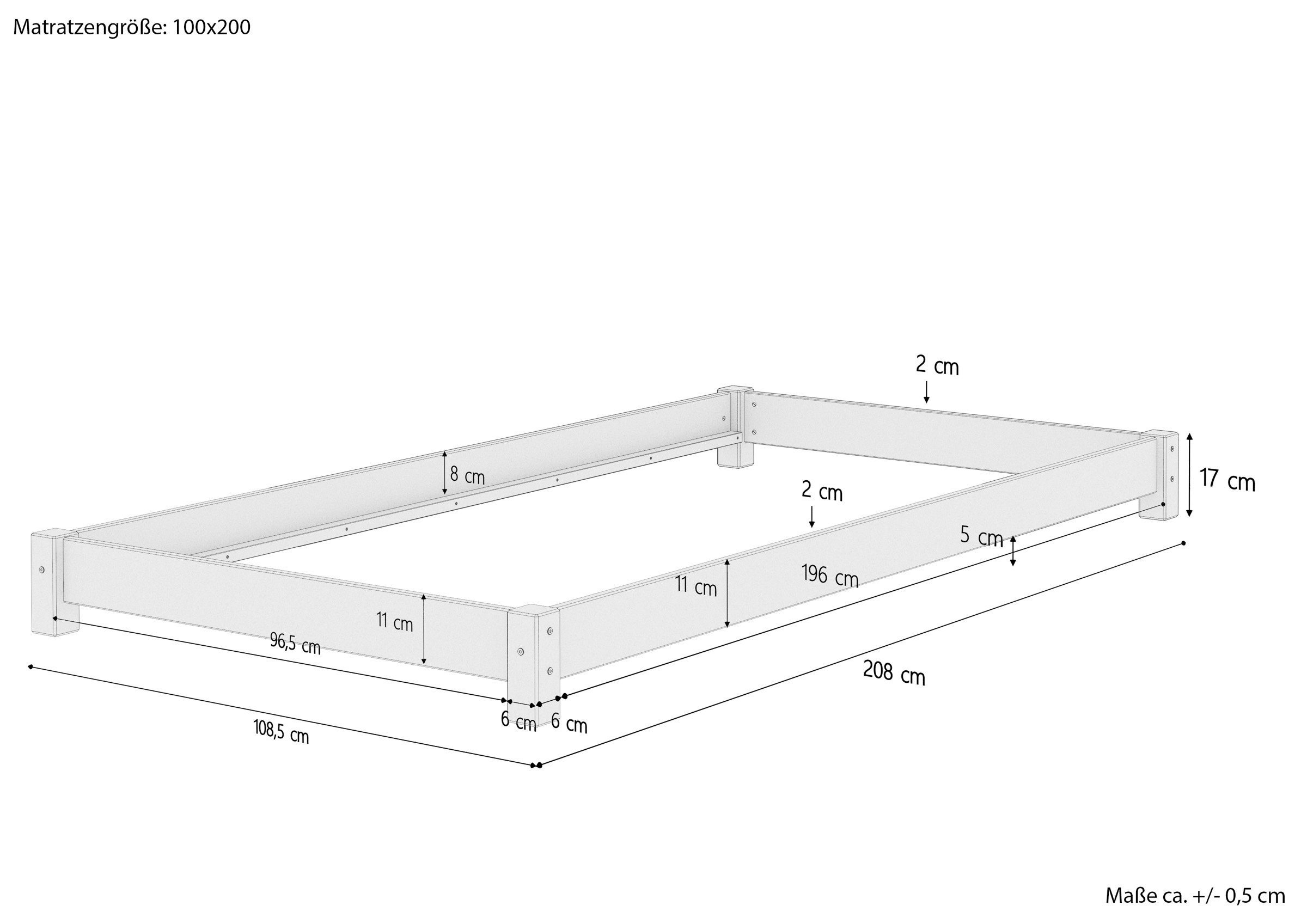 Flachbett 100x200 Kiefer Bett Einzelbett massiv, Echtholzbett lackiert ERST-HOLZ Kieferfarblos