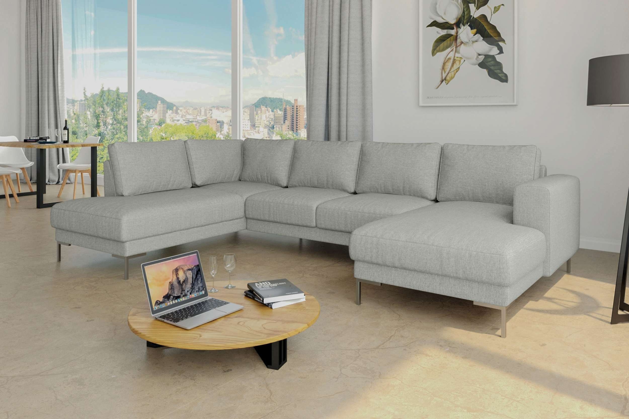 Hellgrau Wohnlandschaft Sofa, rechts Stylefy bestellbar, Metall U-Form, mit stellbar, Santini, Raum im links Wellenfederung, Design, frei mane Modern oder