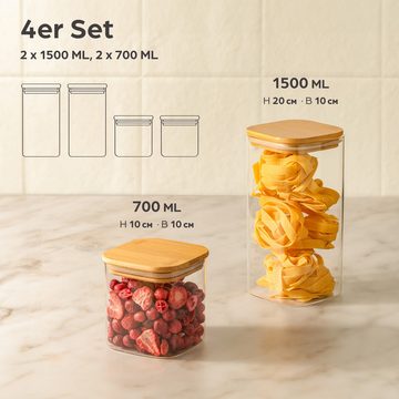 Praknu Vorratsglas mit Deckel 1,5L Eckig 4er Set Aufbewahrung Küche Lebensmittel aus Glas, Glas, (Set, 1-tlg)