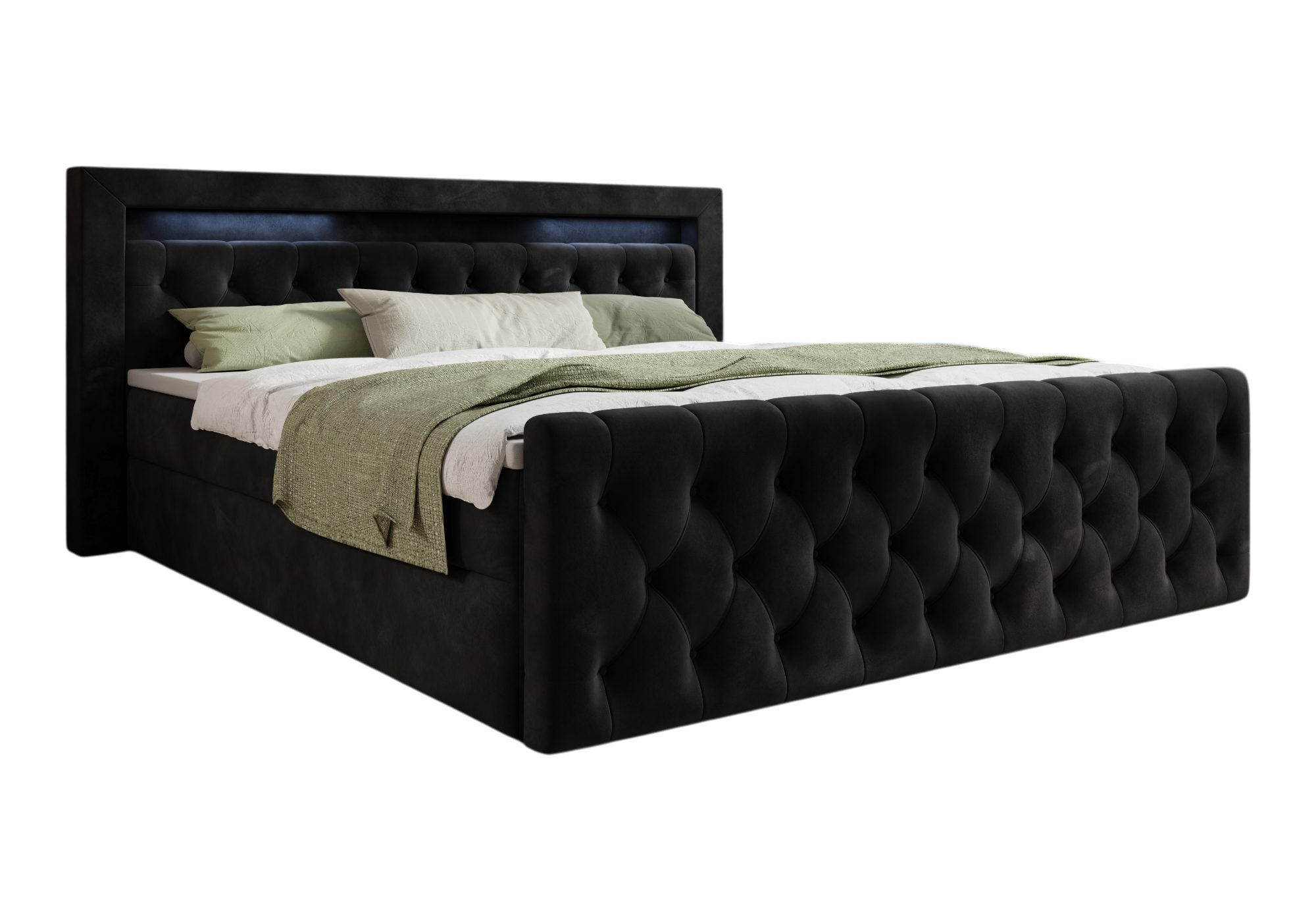 thematys Boxbett LED mit Bettkasten 140x200–200x200 cm – Velours oder Bouclé Bezug – (Polsterbett Bonnellfederkern Matratze H3 + Gratis 3cm Topper, Boxbett - Luxus Doppelbett mit Stauraum und LED)