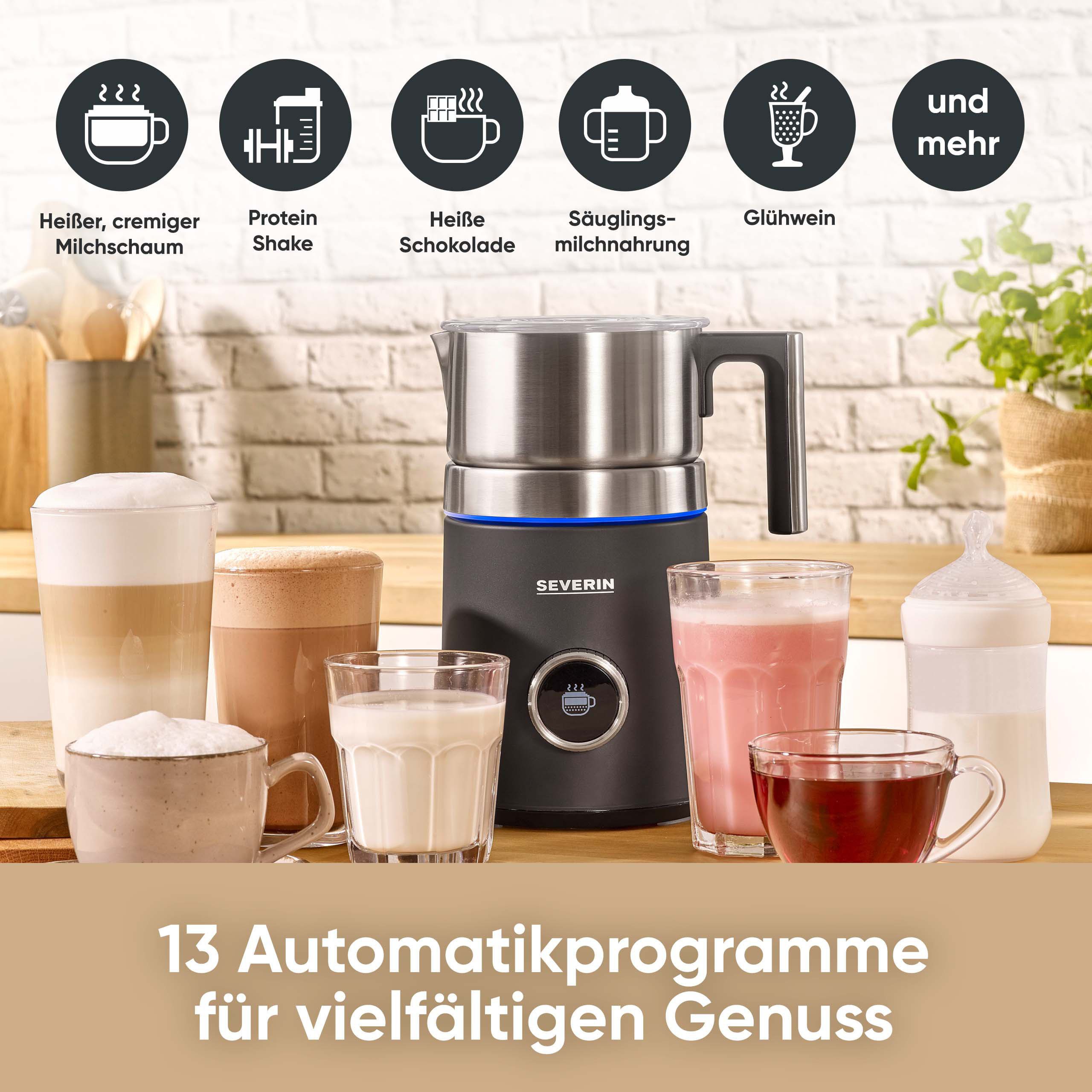 Severin Milchaufschäumer SM 3587 Spuma 700 Plus, 500 W, 13 Programme, komfortable Bedienung, stilvoller 360° LED-Lichtring