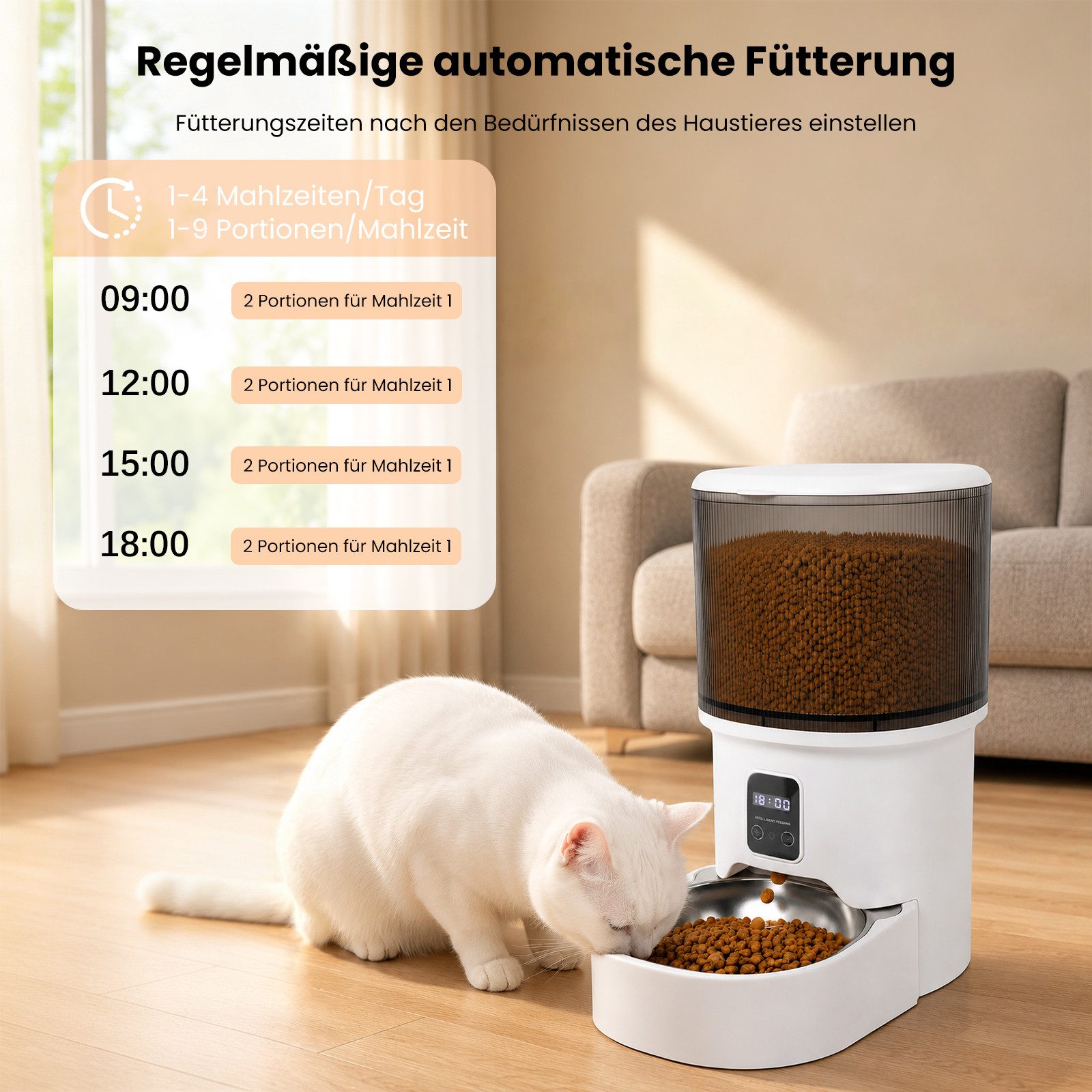 DAITORE Katzen-Futterautomat 4L Katzenfutter Automat, 1-6 Mahlzeiten pro Tag, Edelstahlnapf, Doppelte Stromversorgung/LCD-Display/zeitgesteuerte Fütterung