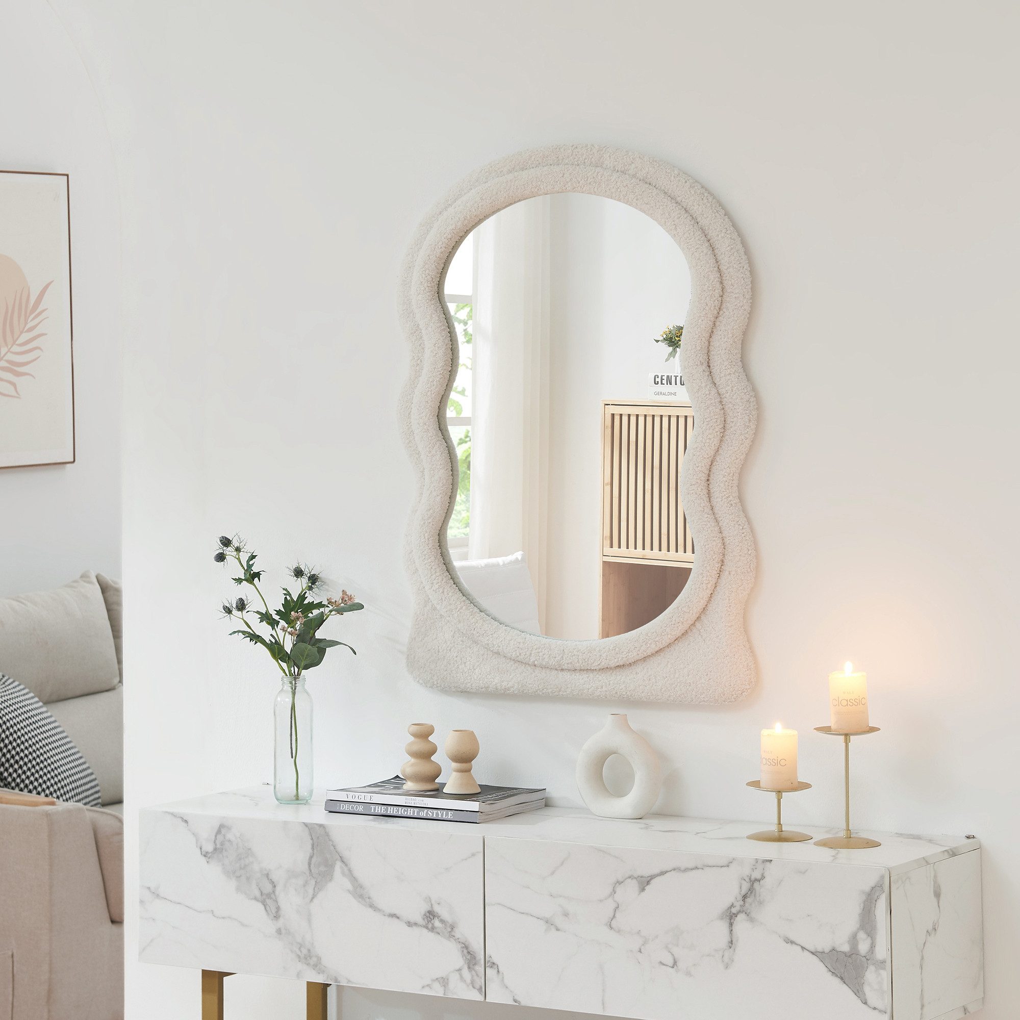 en.casa Wandspiegel, »Brummen« 80 x 60 cm mit Teddystoff-Rahmen Weiß günstig online kaufen